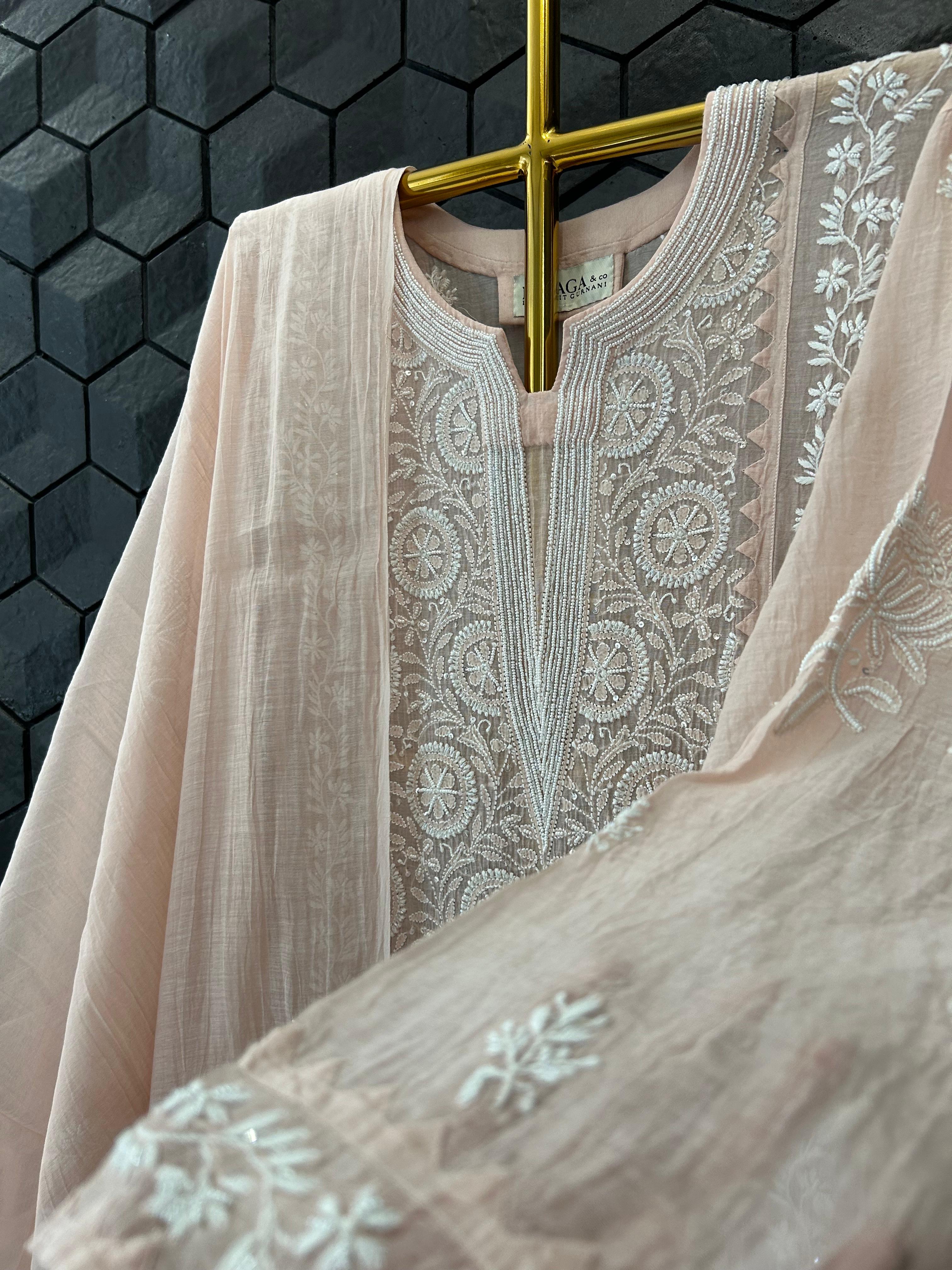 Peach Mul Chanderi Chikankari Kurta Set