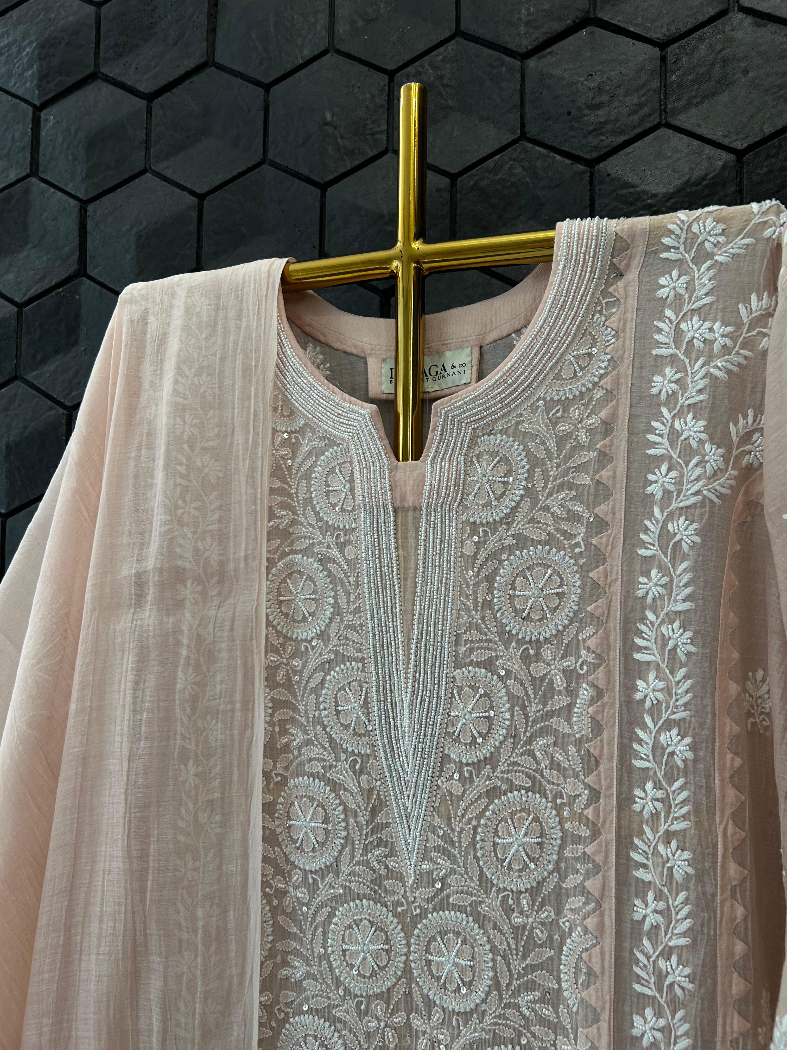 Peach Mul Chanderi Chikankari Kurta Set