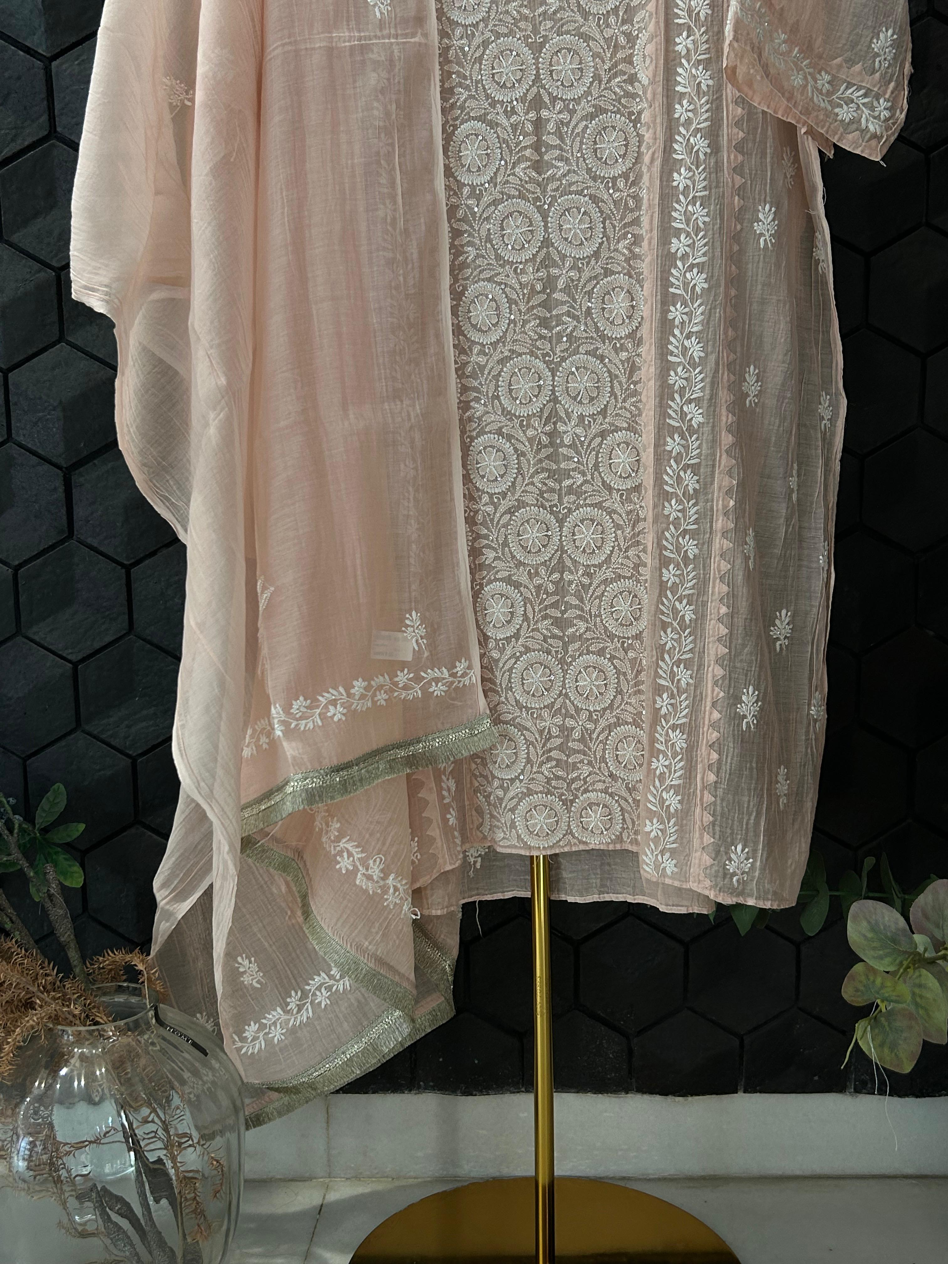 Peach Mul Chanderi Chikankari Kurta Set