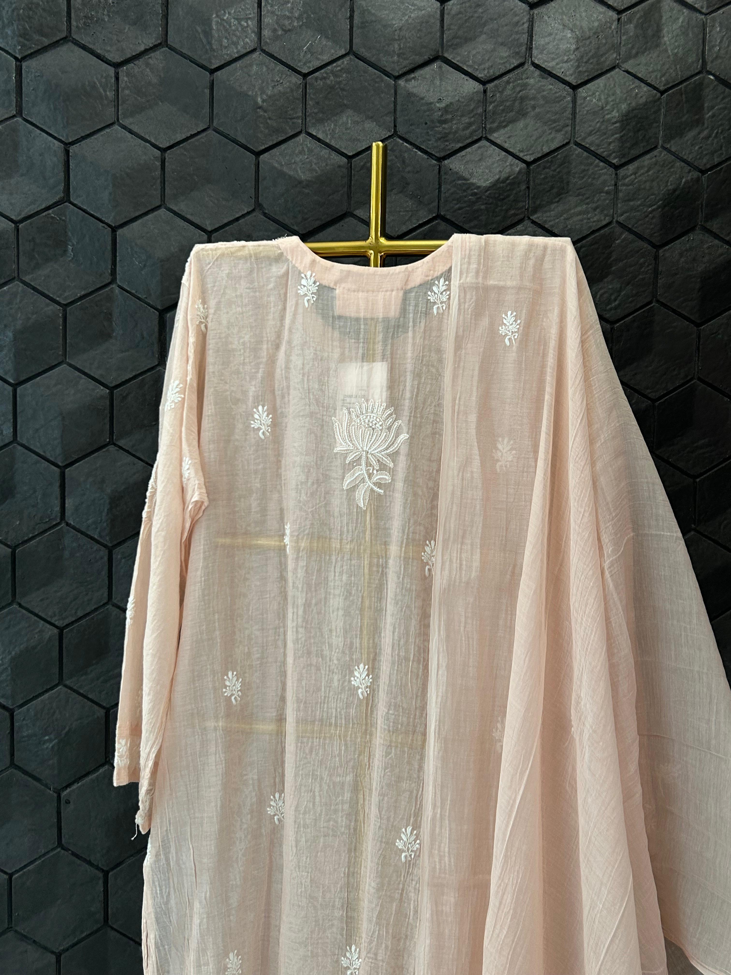 Peach Mul Chanderi Chikankari Kurta Set