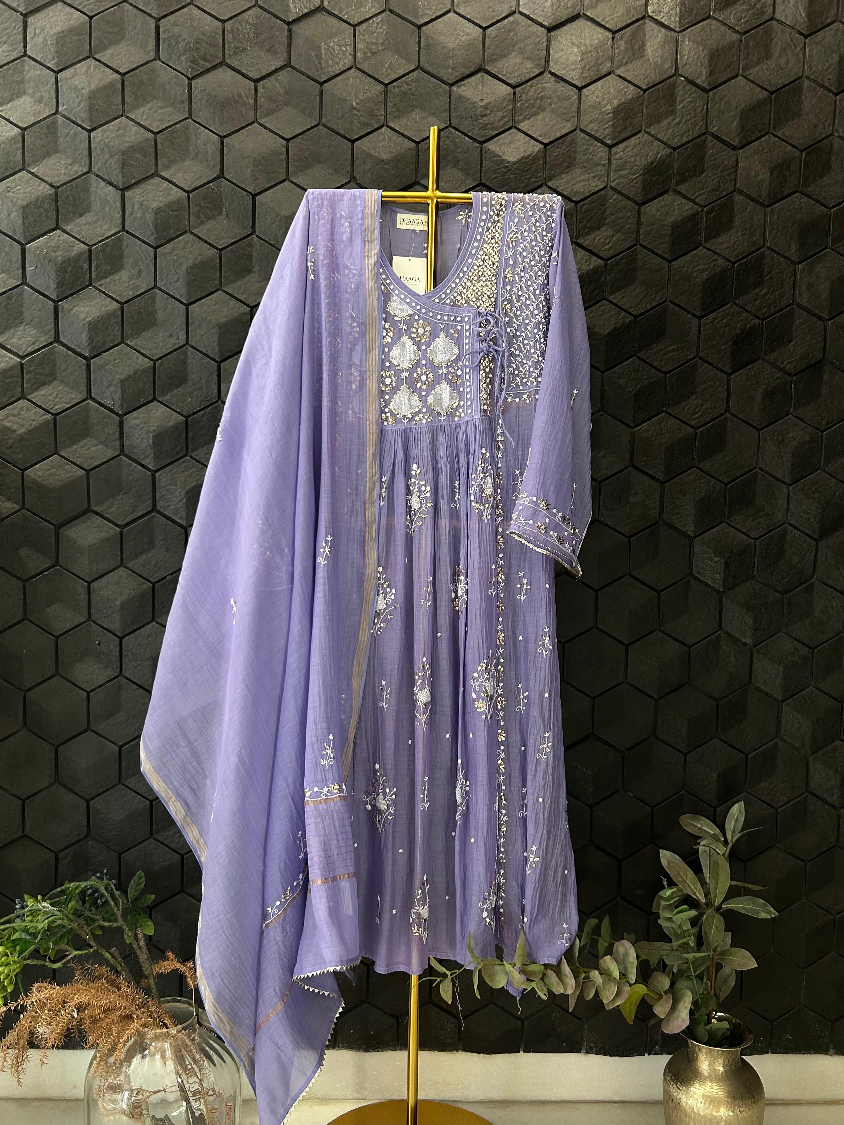 Purple Mul Chanderi Chikankari Angarkha Kurta Set