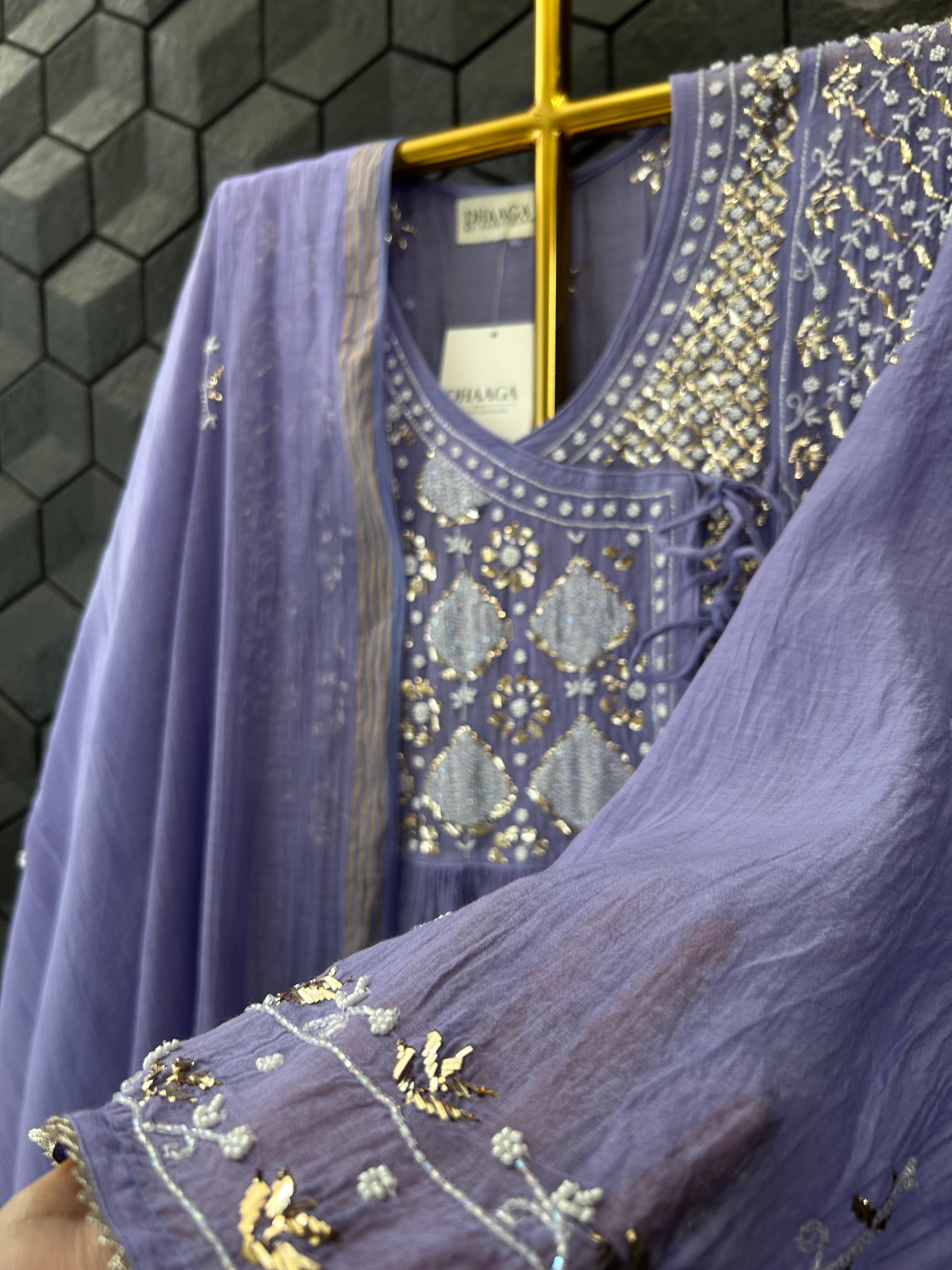 Purple Mul Chanderi Chikankari Angarkha Kurta Set