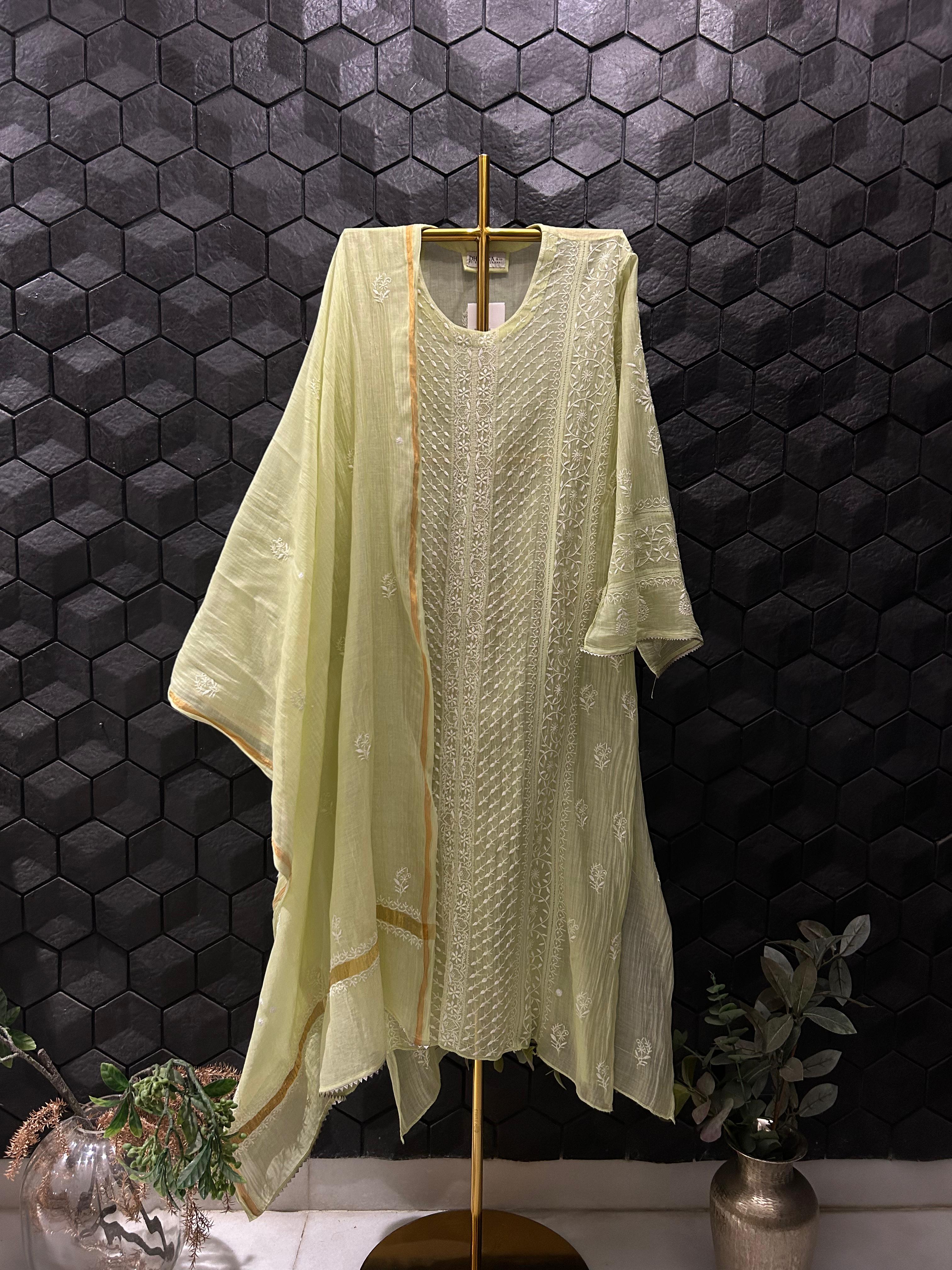 Green Mul Chanderi Chikankari Kurta Set