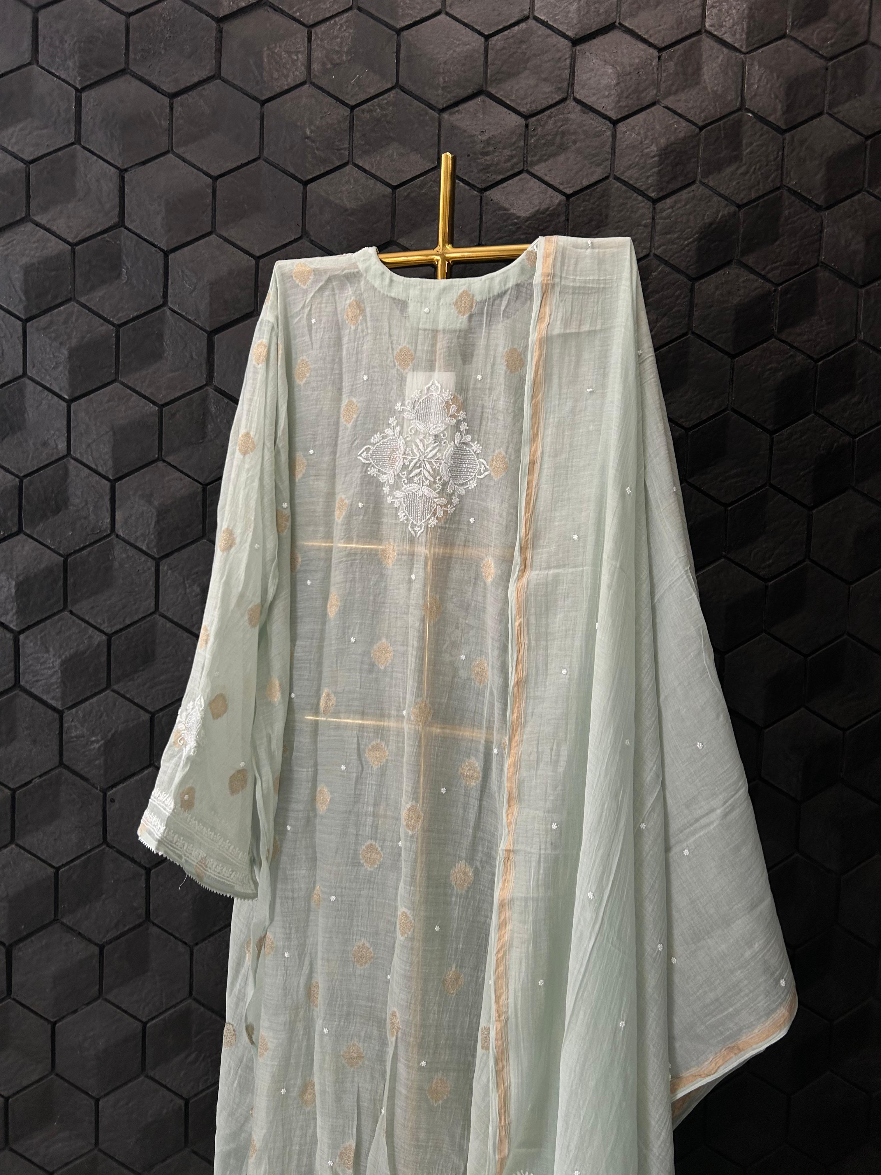 Sea Green Mul Chanderi Chikankari Kurta Set