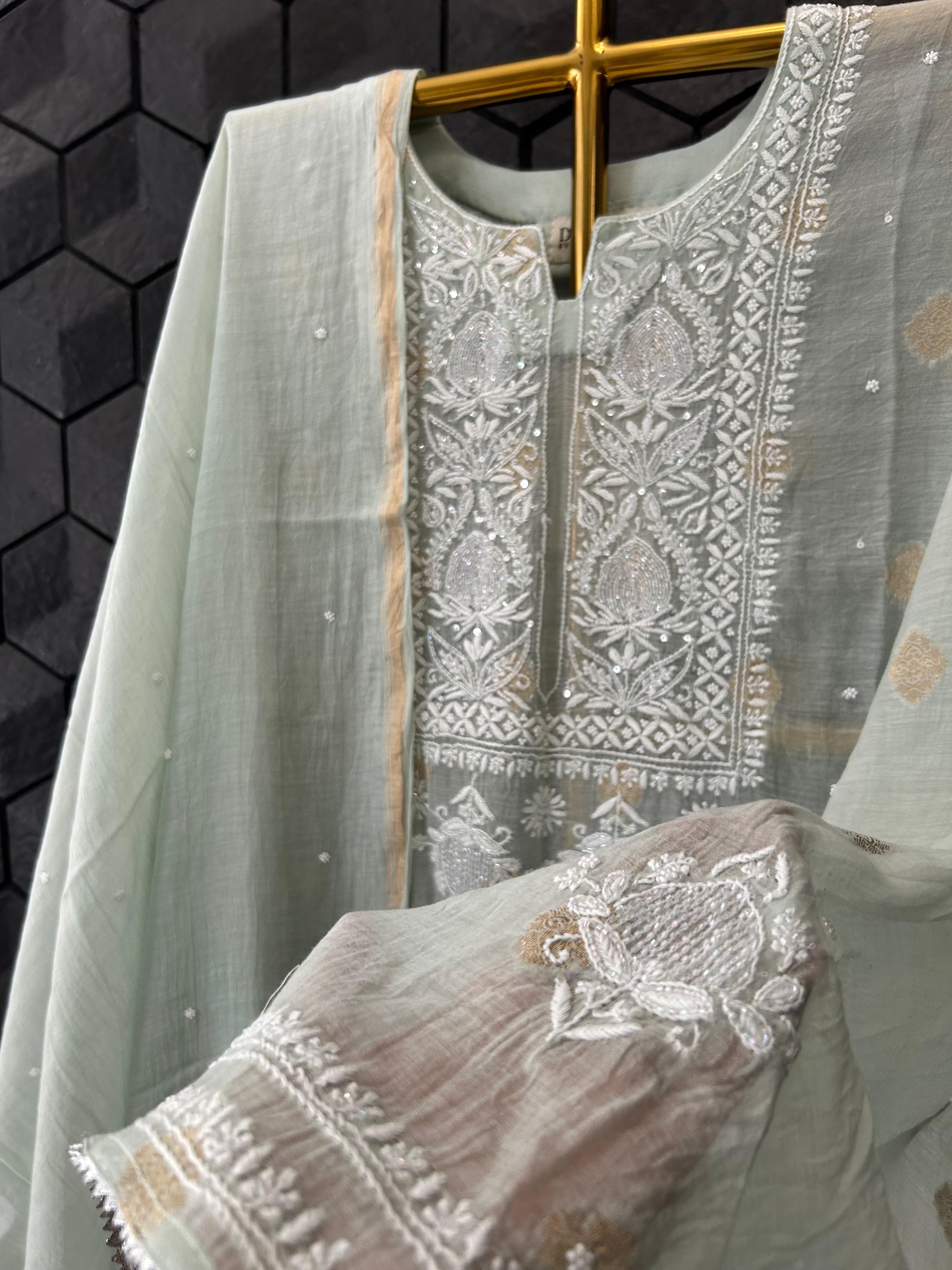 Sea Green Mul Chanderi Chikankari Kurta Set