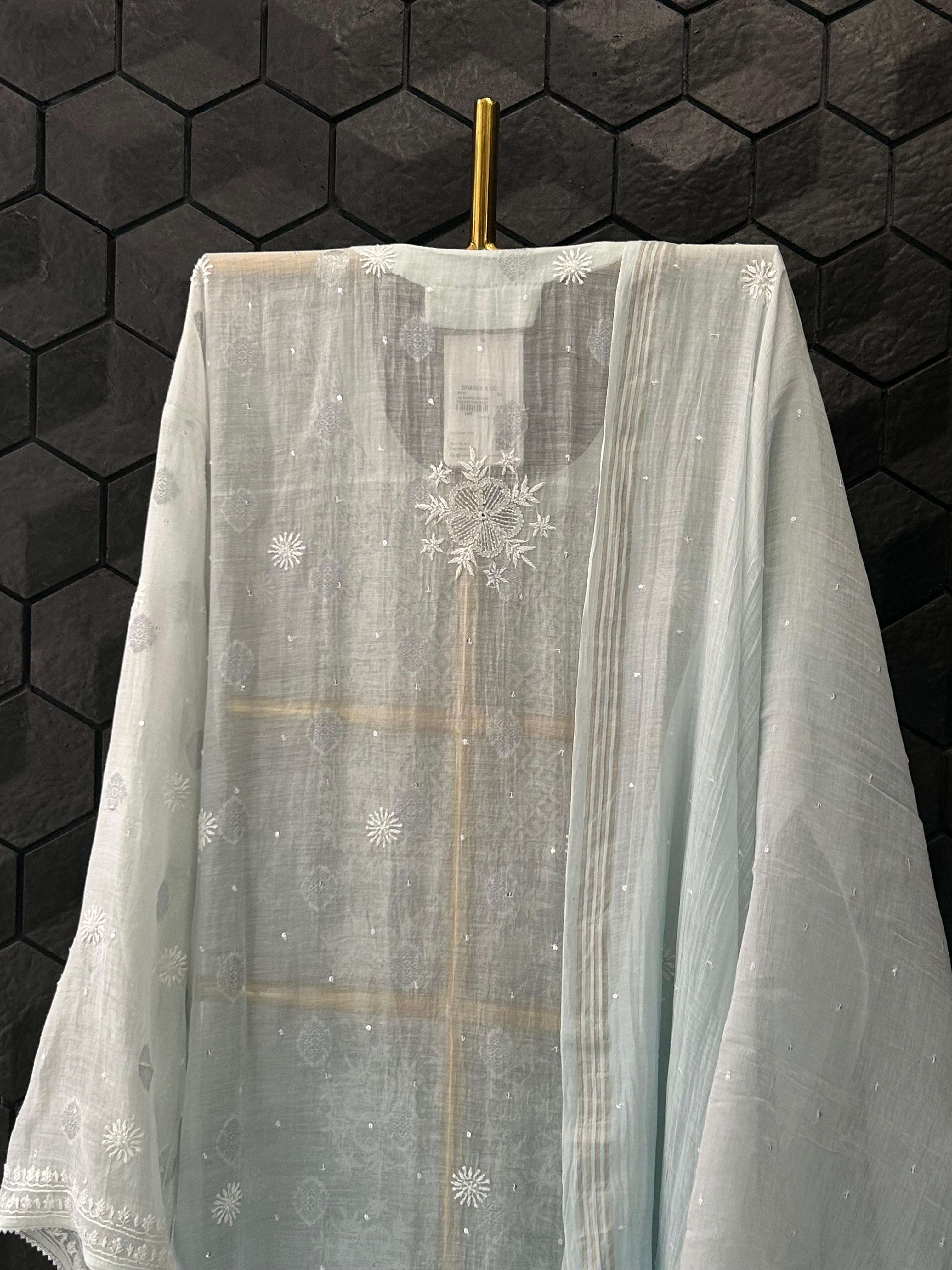 Sea Green Mul Chanderi Chikankari Kurta Set