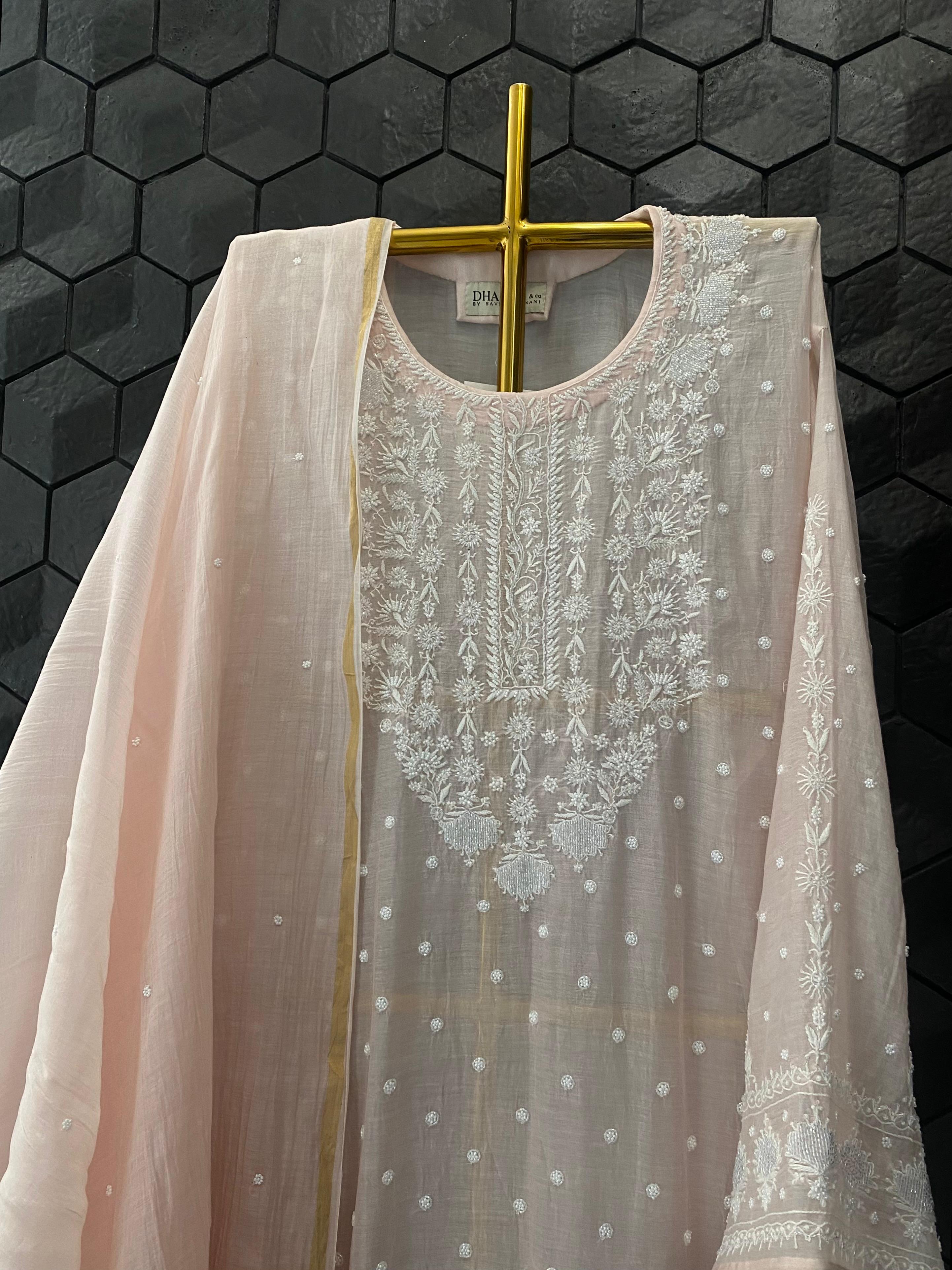 Light  Pink Mul Chanderi Chikankari Kurta Set