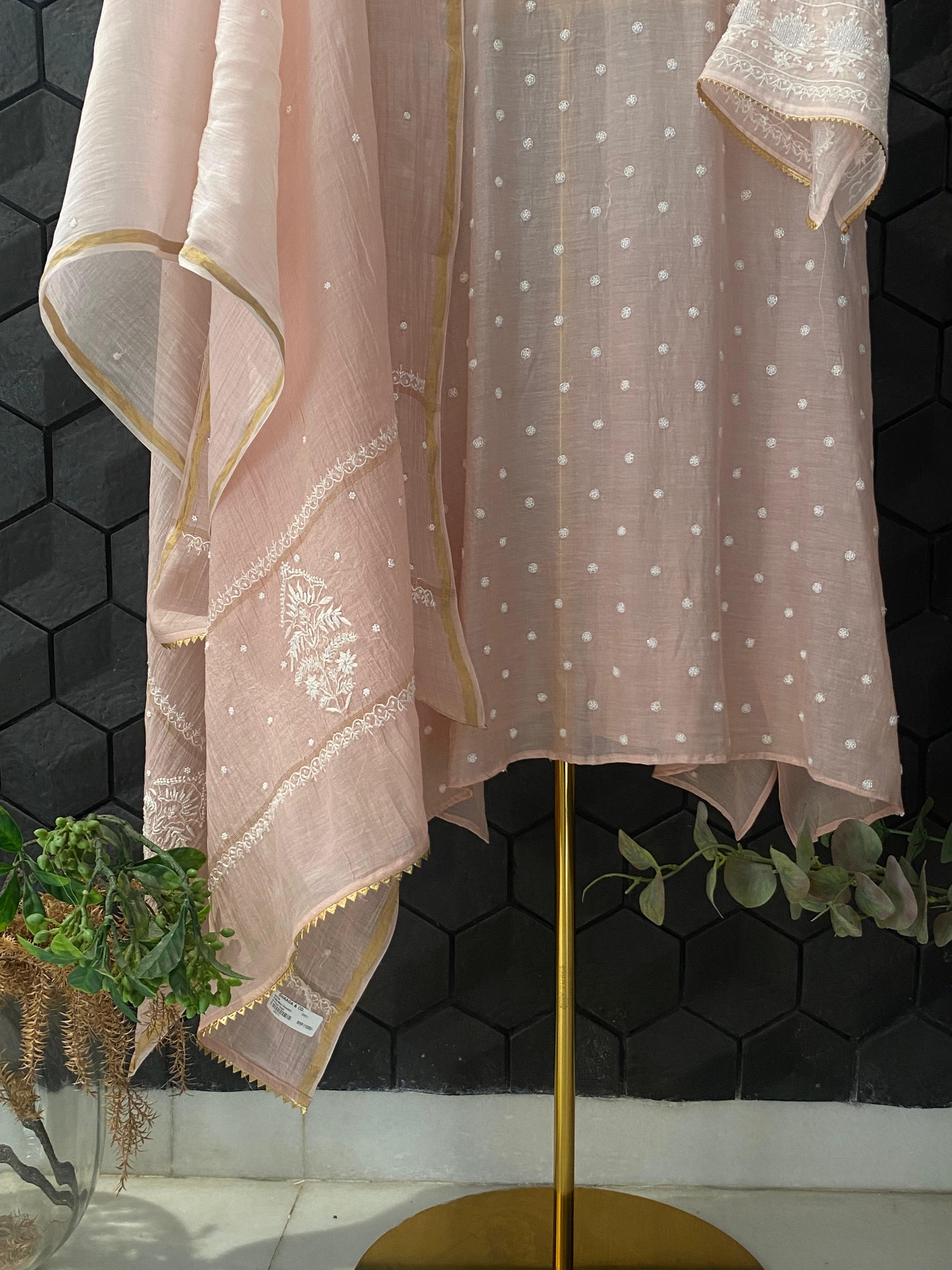 Light  Pink Mul Chanderi Chikankari Kurta Set