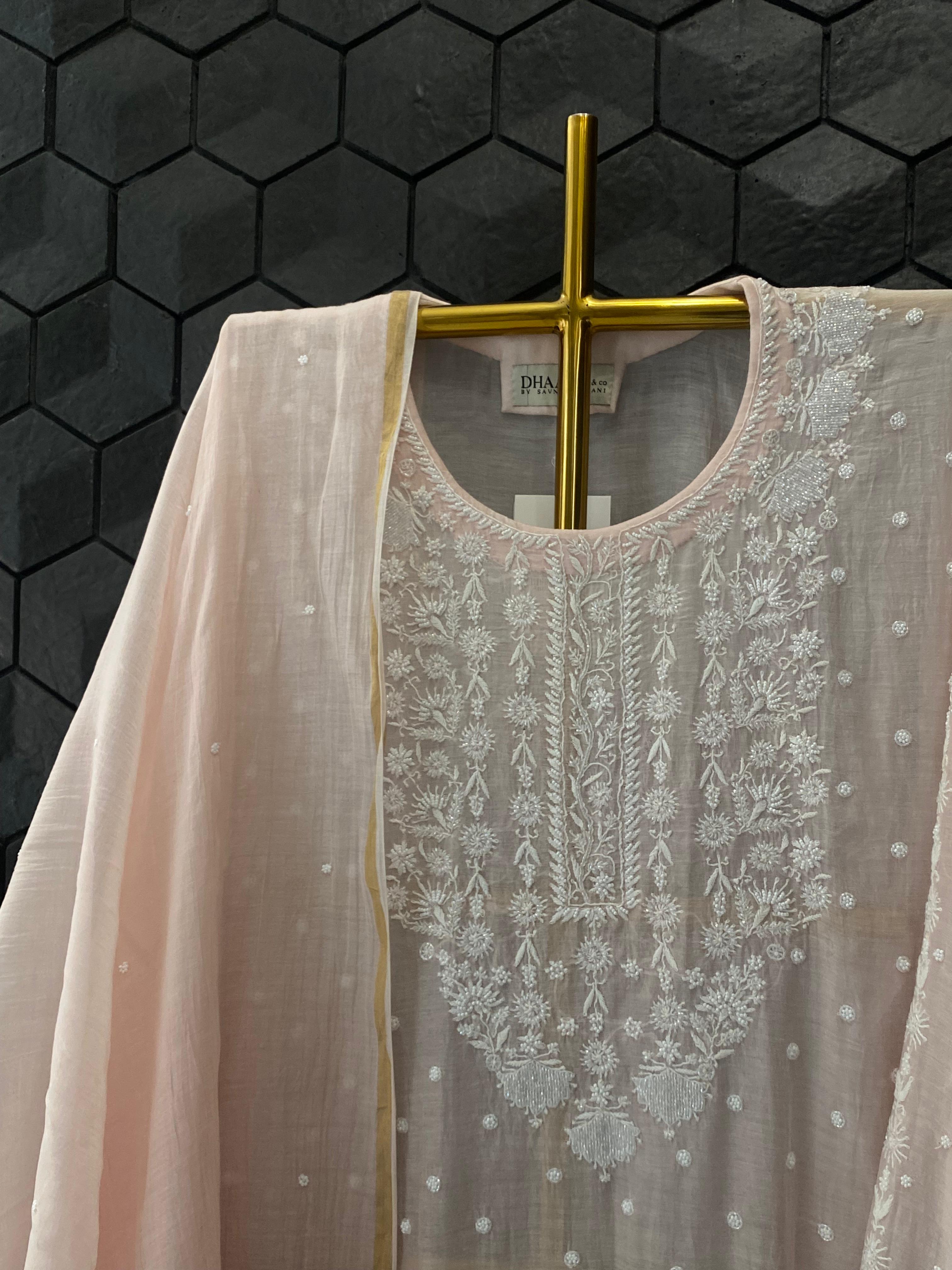 Light  Pink Mul Chanderi Chikankari Kurta Set