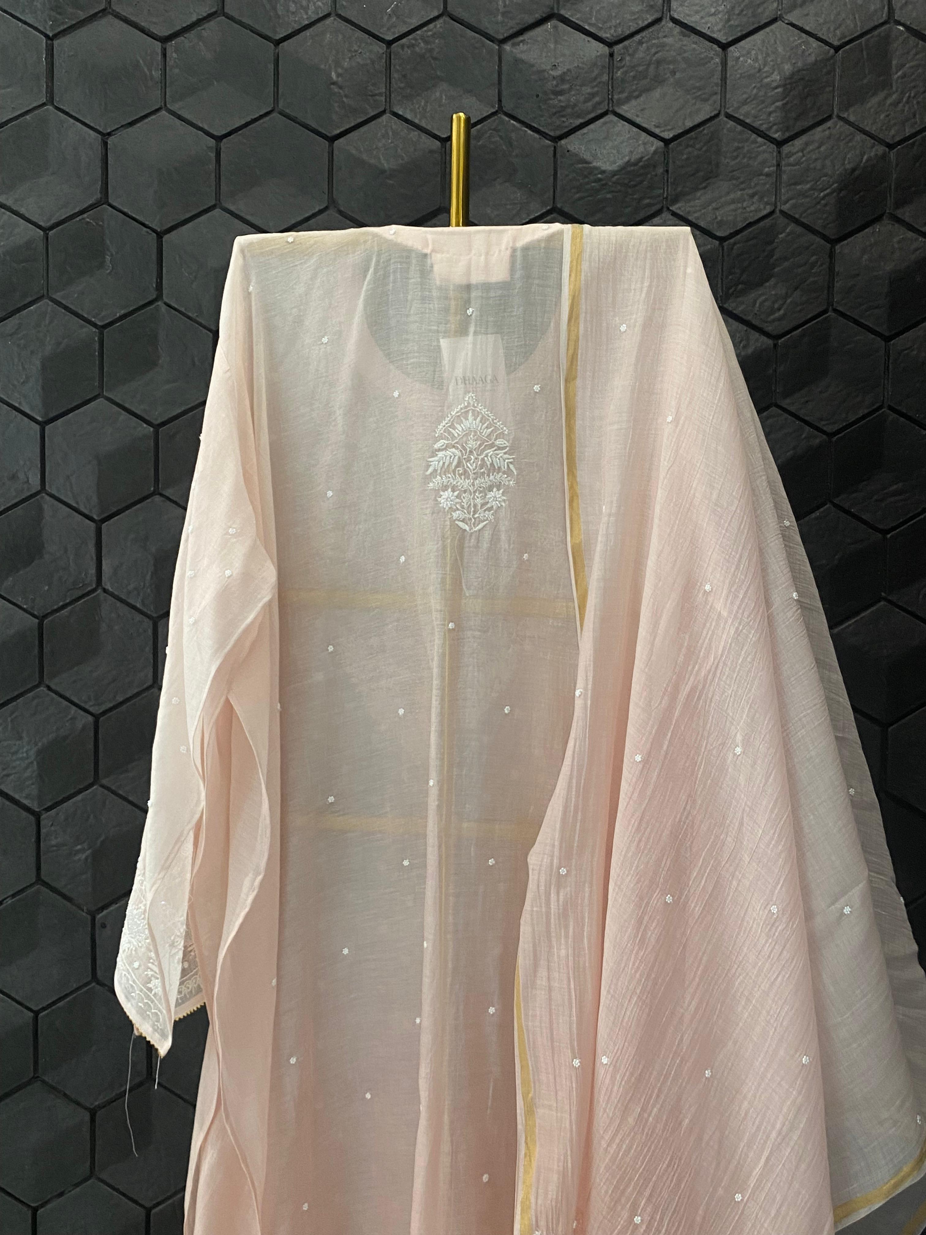 Light  Pink Mul Chanderi Chikankari Kurta Set