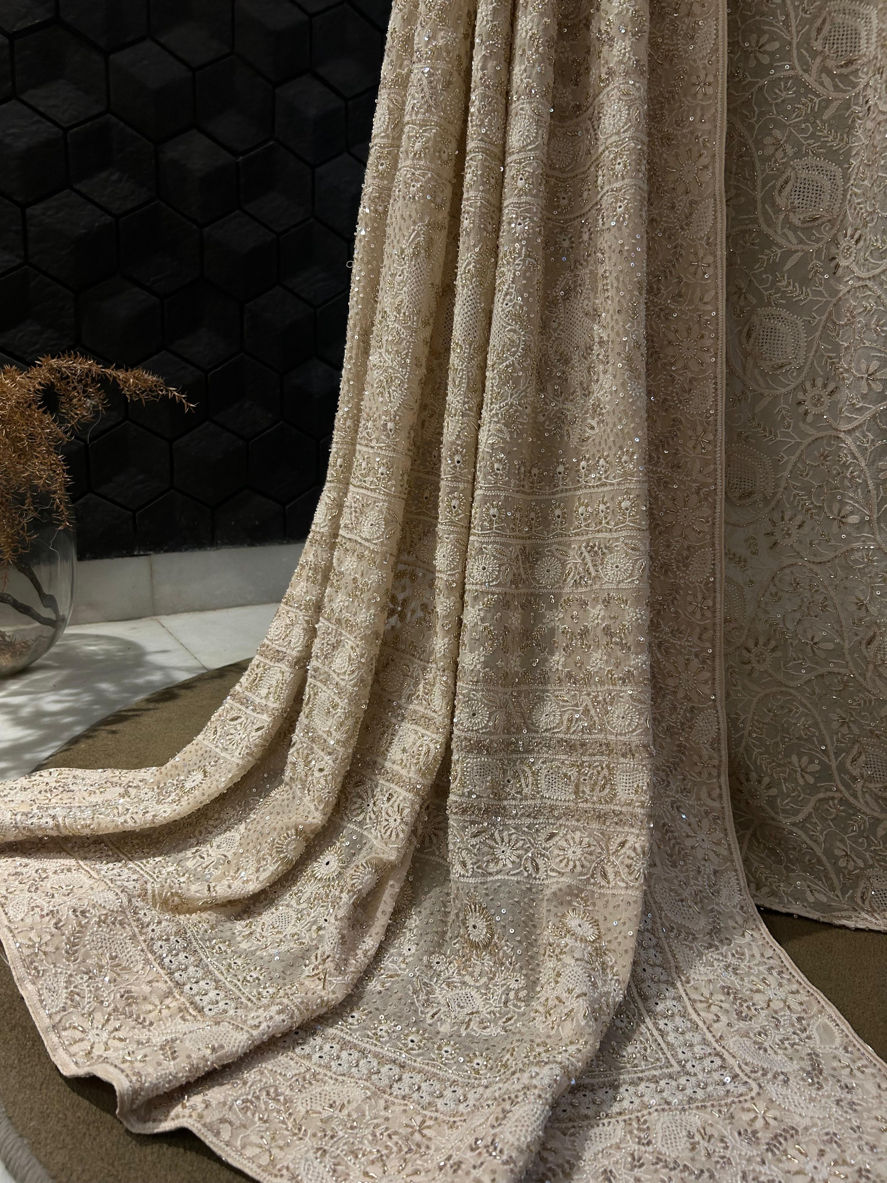 Premium Beige Chikankari Georgette Saree