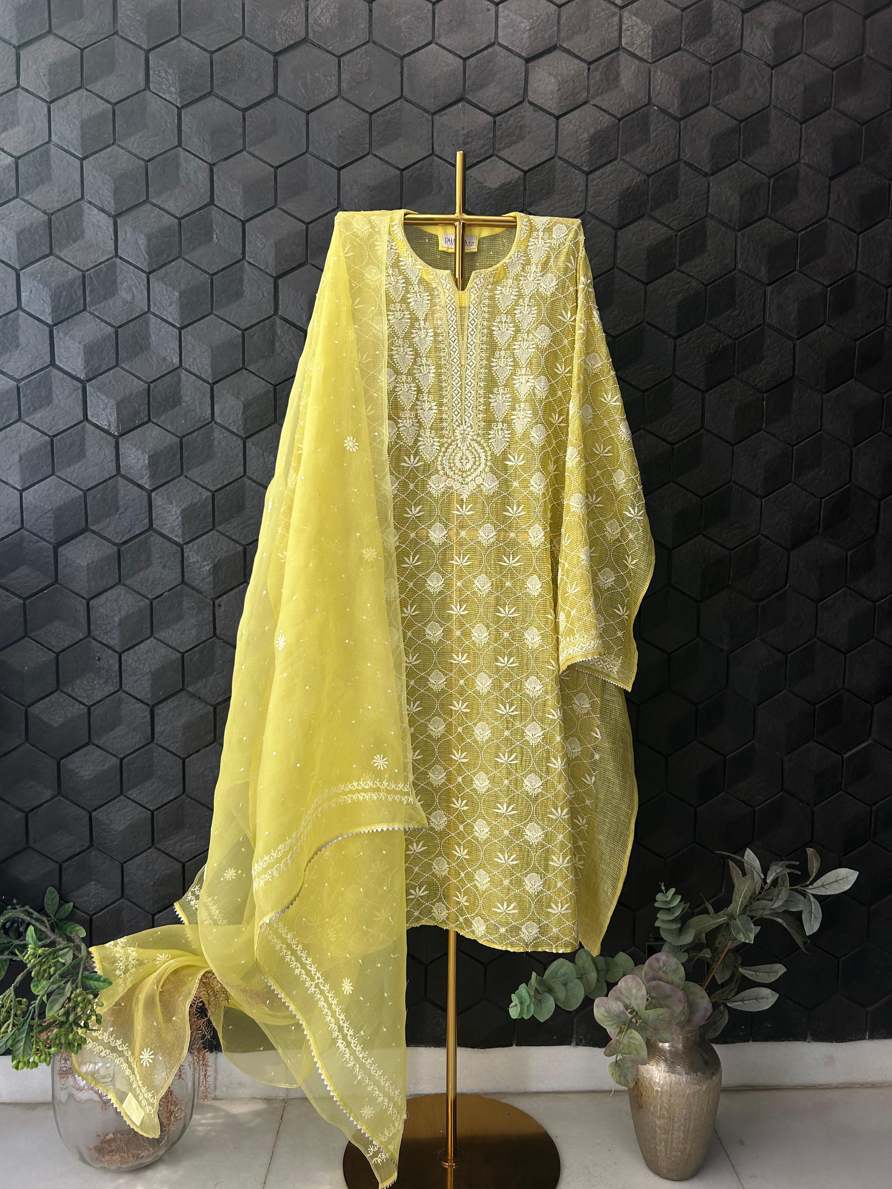 Lime Green Tissue Kota Chikankari Kurta Set