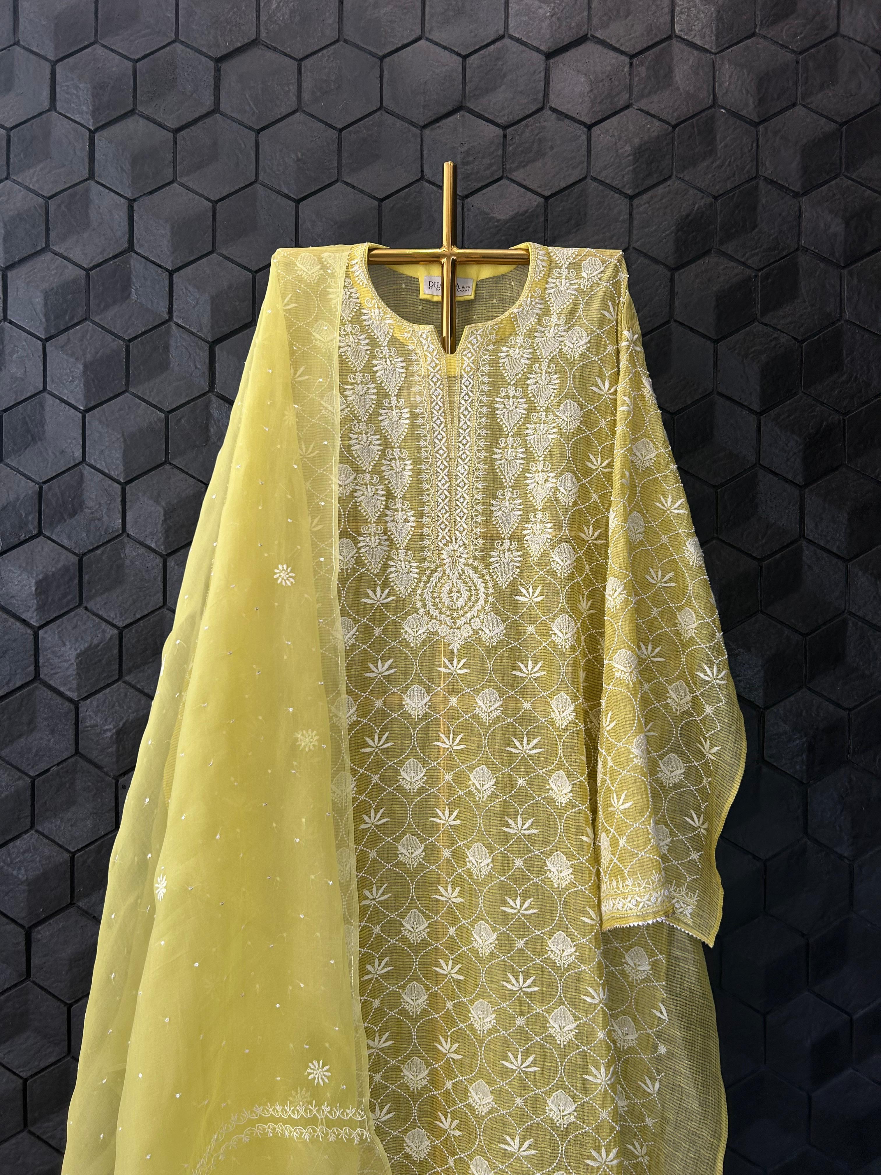 Lime Green Tissue Kota Chikankari Kurta Set