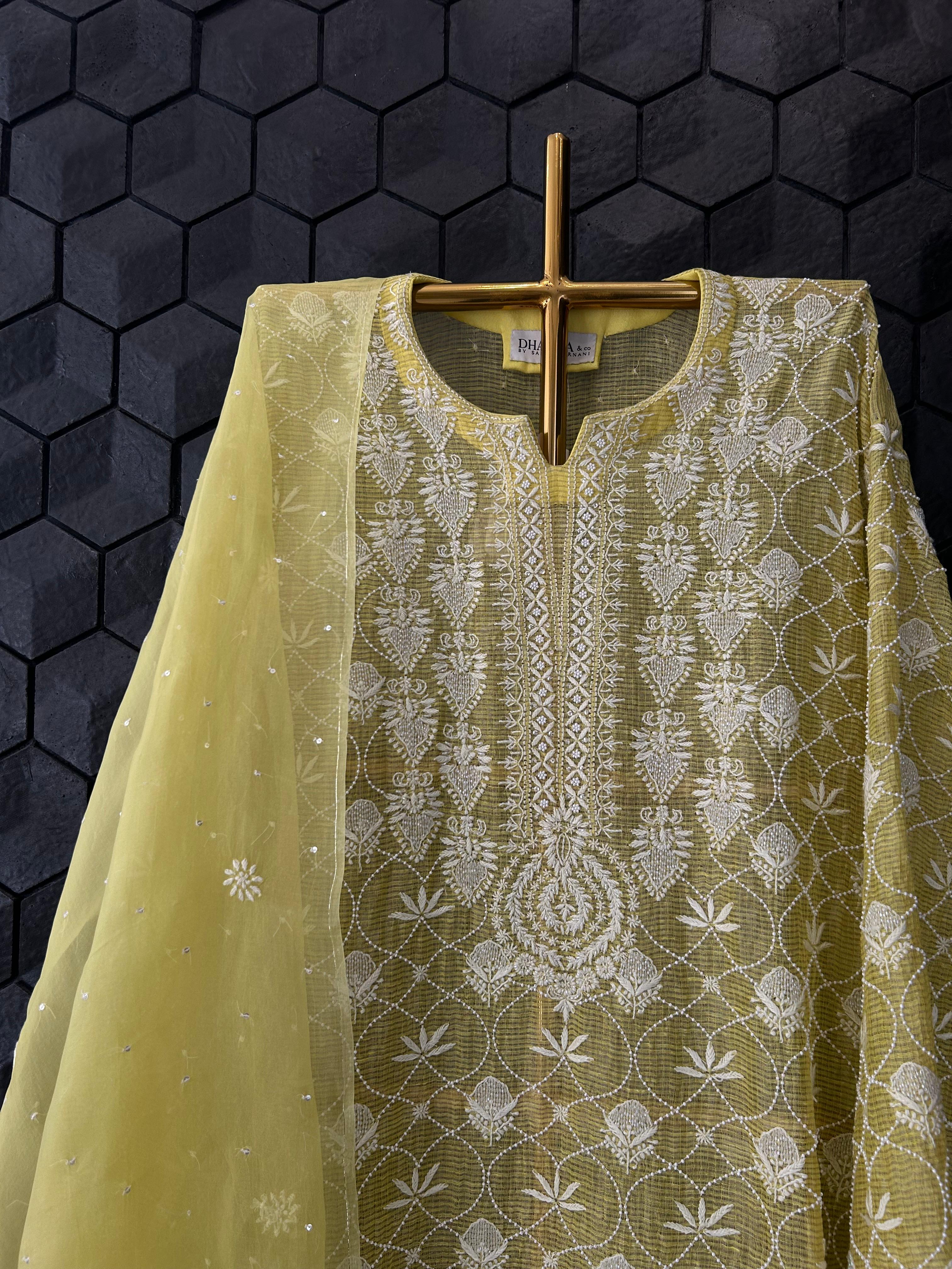 Lime Green Tissue Kota Chikankari Kurta Set