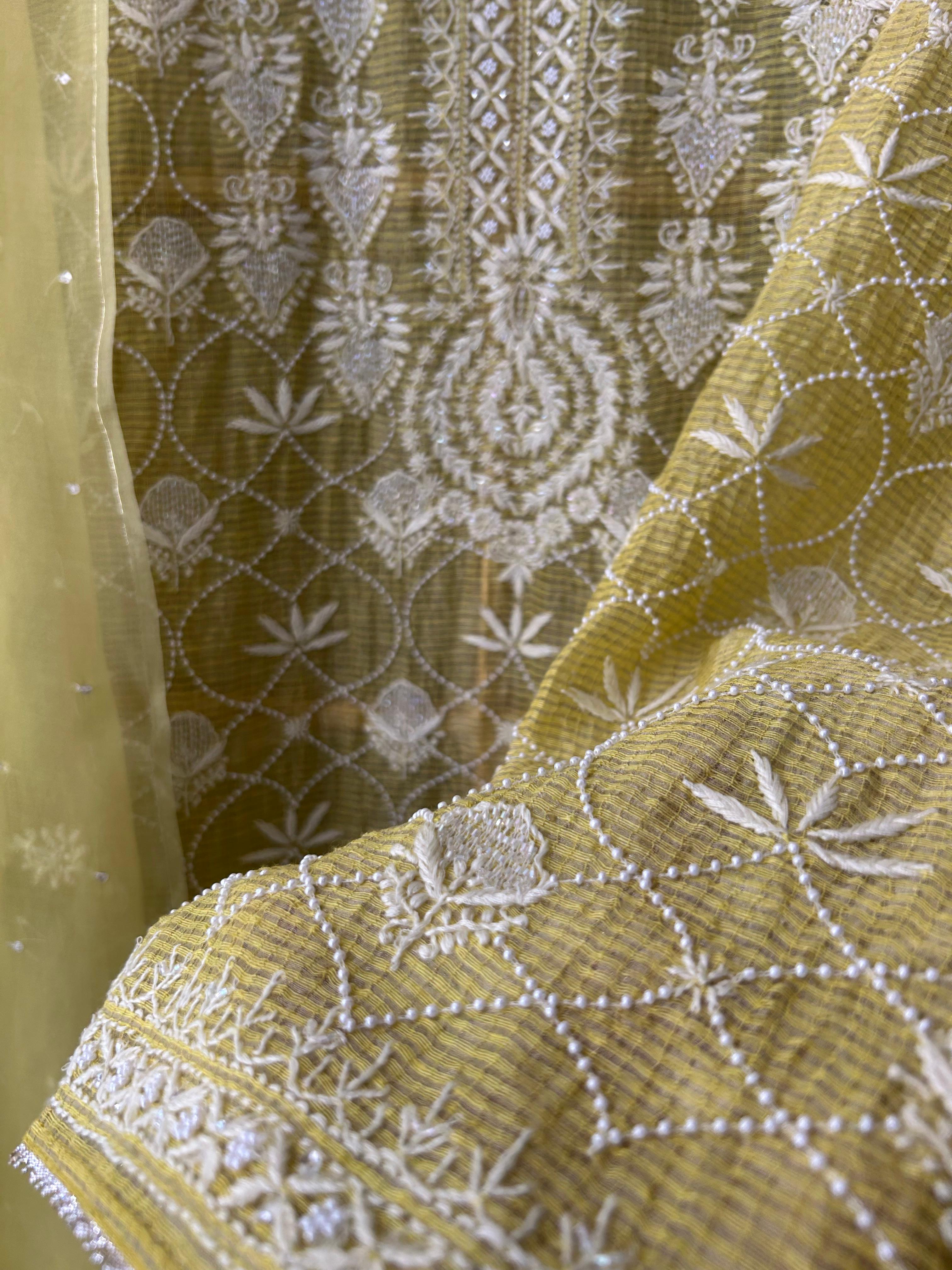 Lime Green Tissue Kota Chikankari Kurta Set