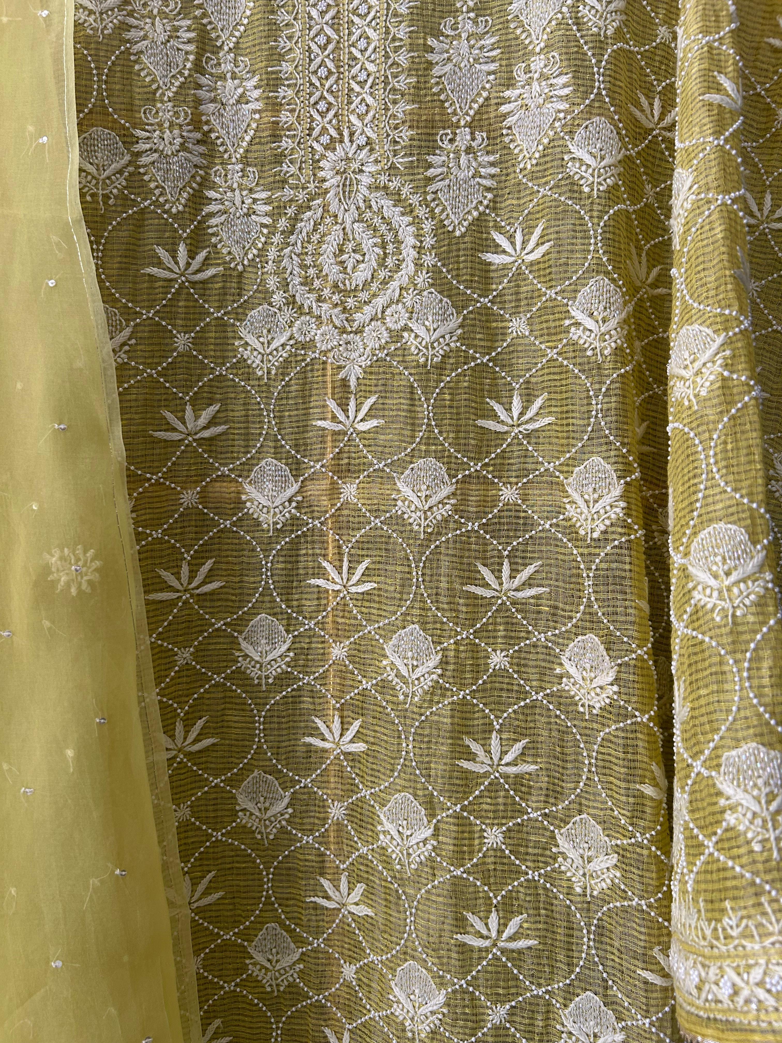 Lime Green Tissue Kota Chikankari Kurta Set