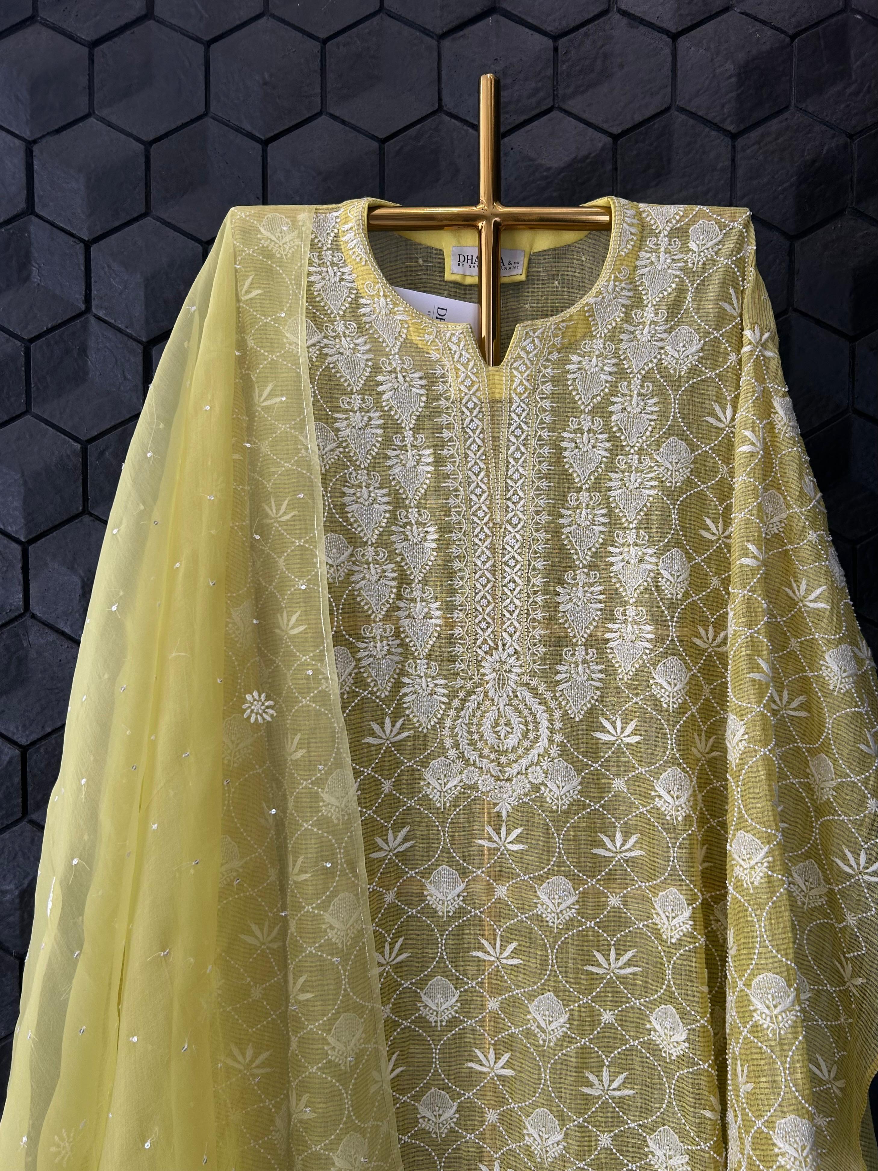 Lime Green Tissue Kota Chikankari Kurta Set