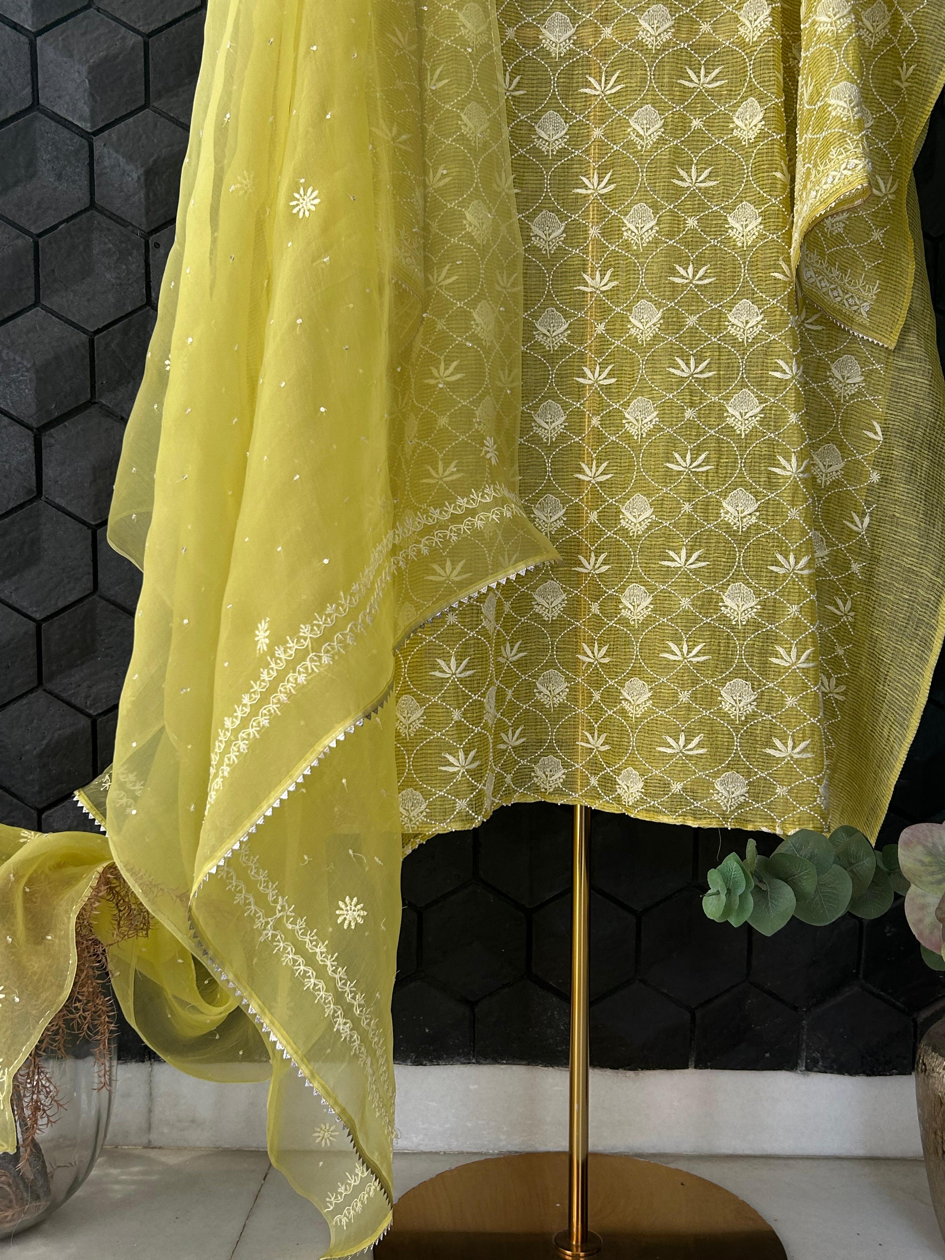 Lime Green Tissue Kota Chikankari Kurta Set