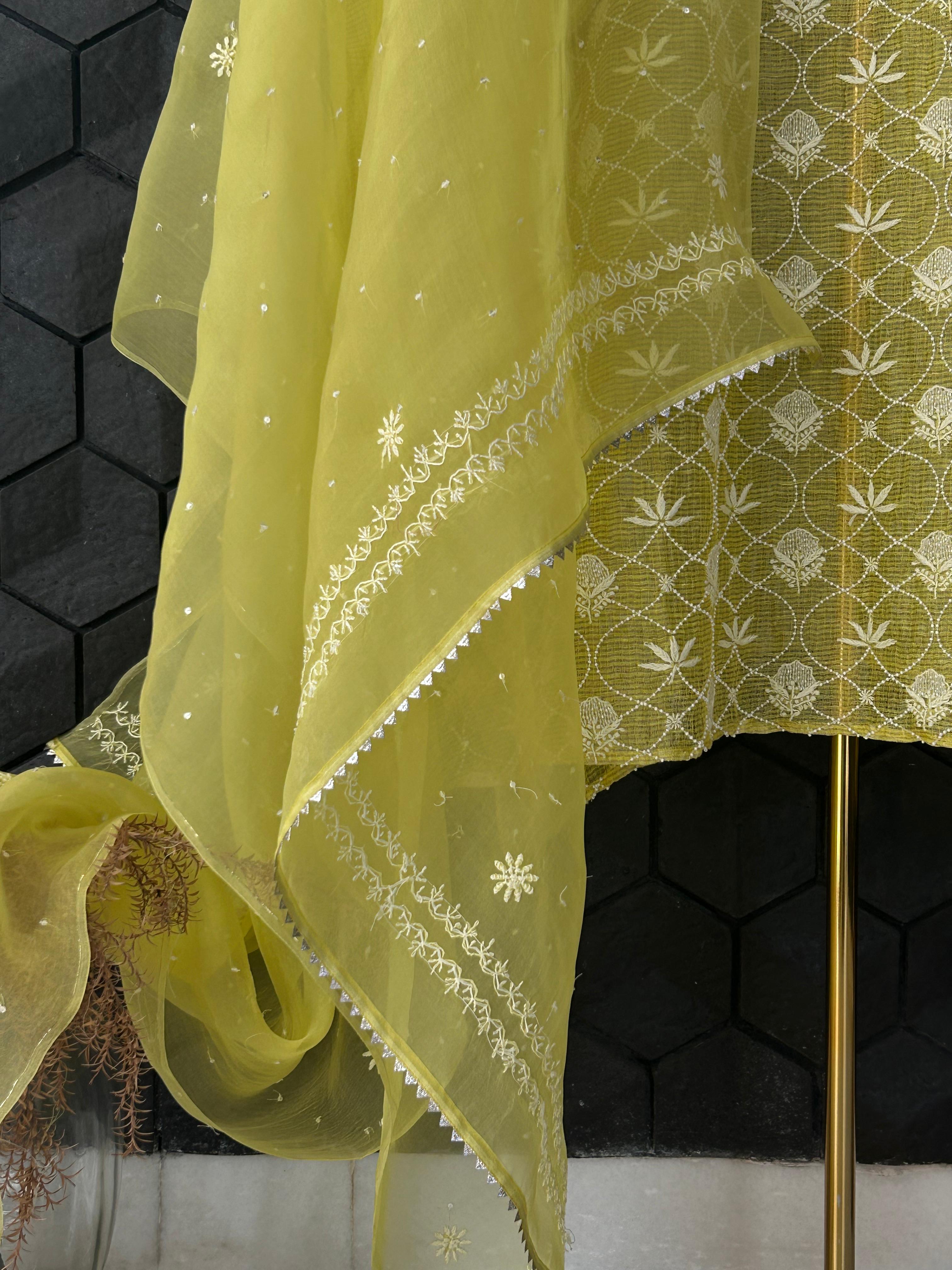 Lime Green Tissue Kota Chikankari Kurta Set