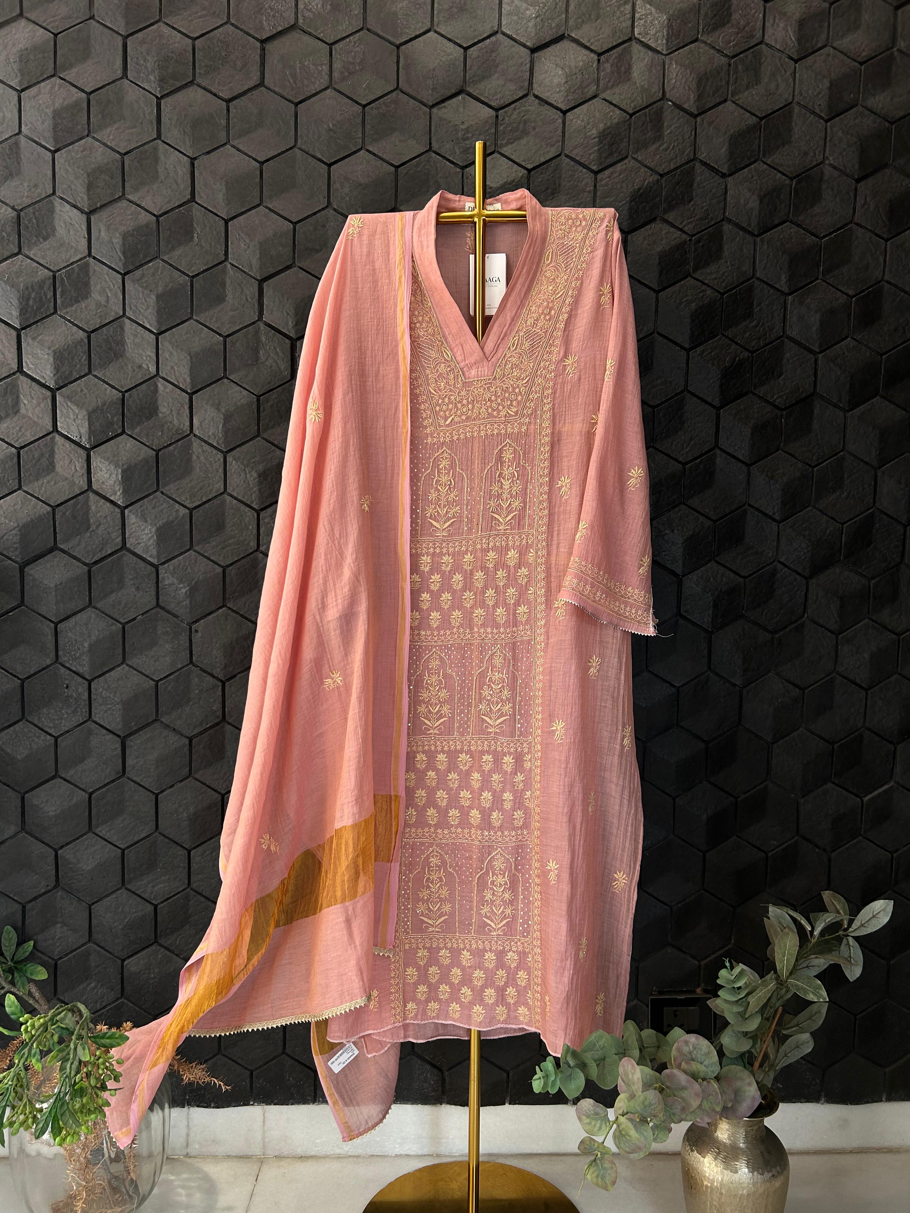 Pink Tissue Chikankari Kurta Set