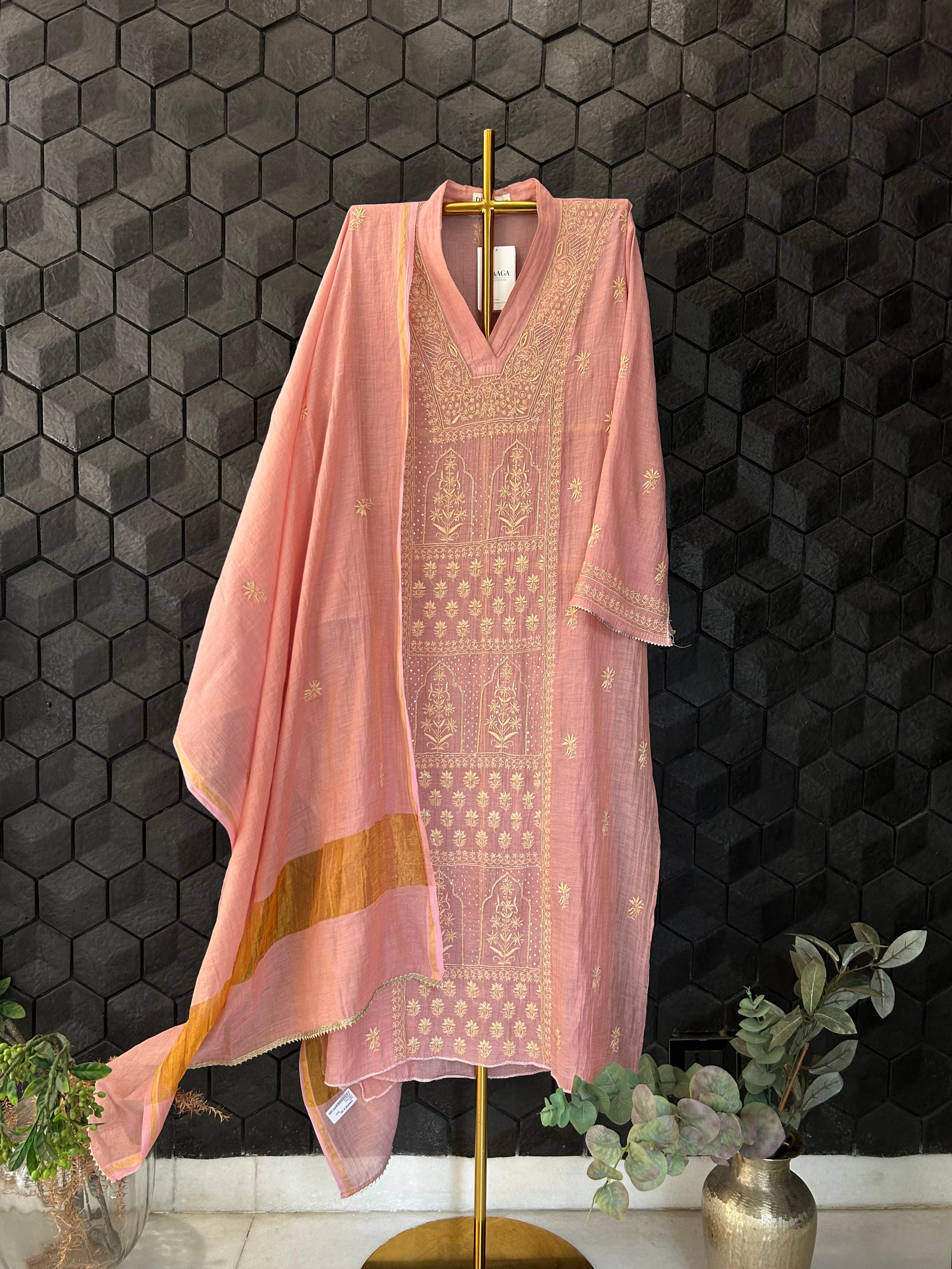 Pink Tissue Chikankari Kurta Set