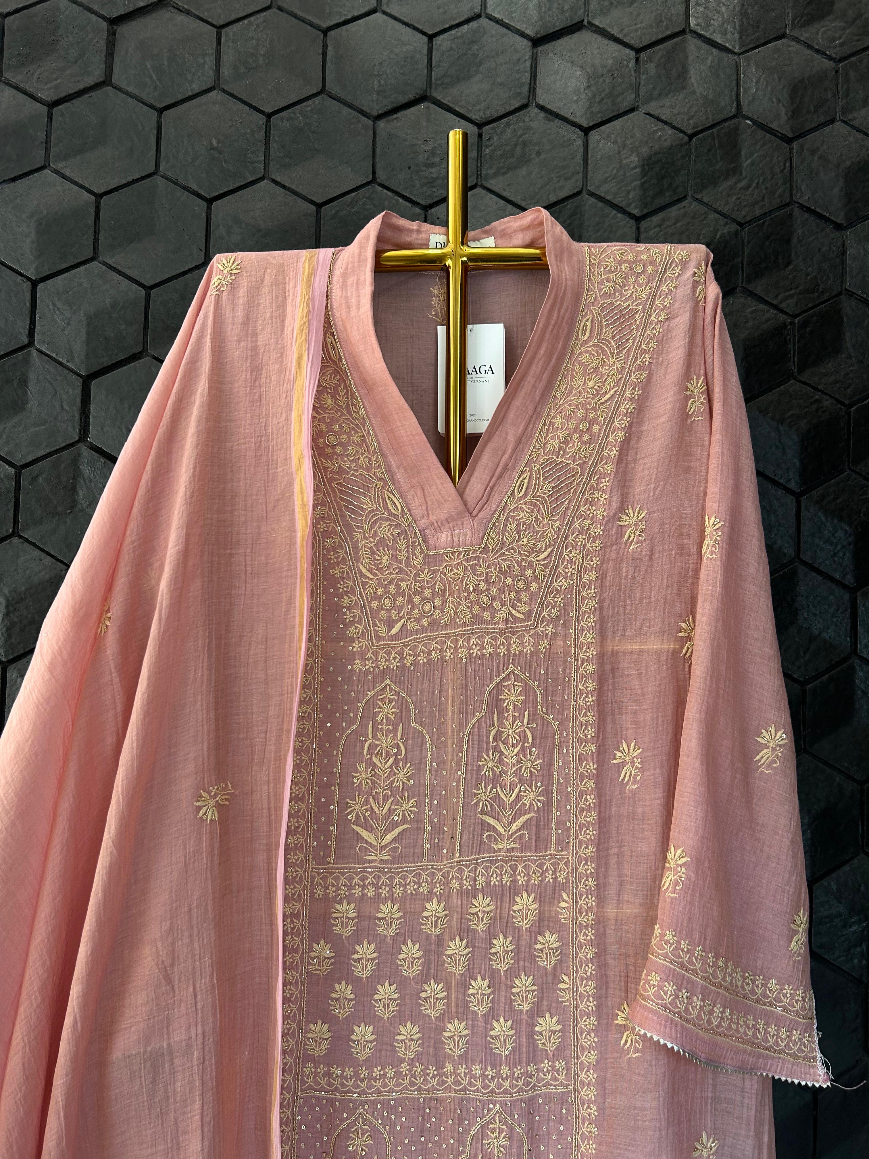 Pink Tissue Chikankari Kurta Set