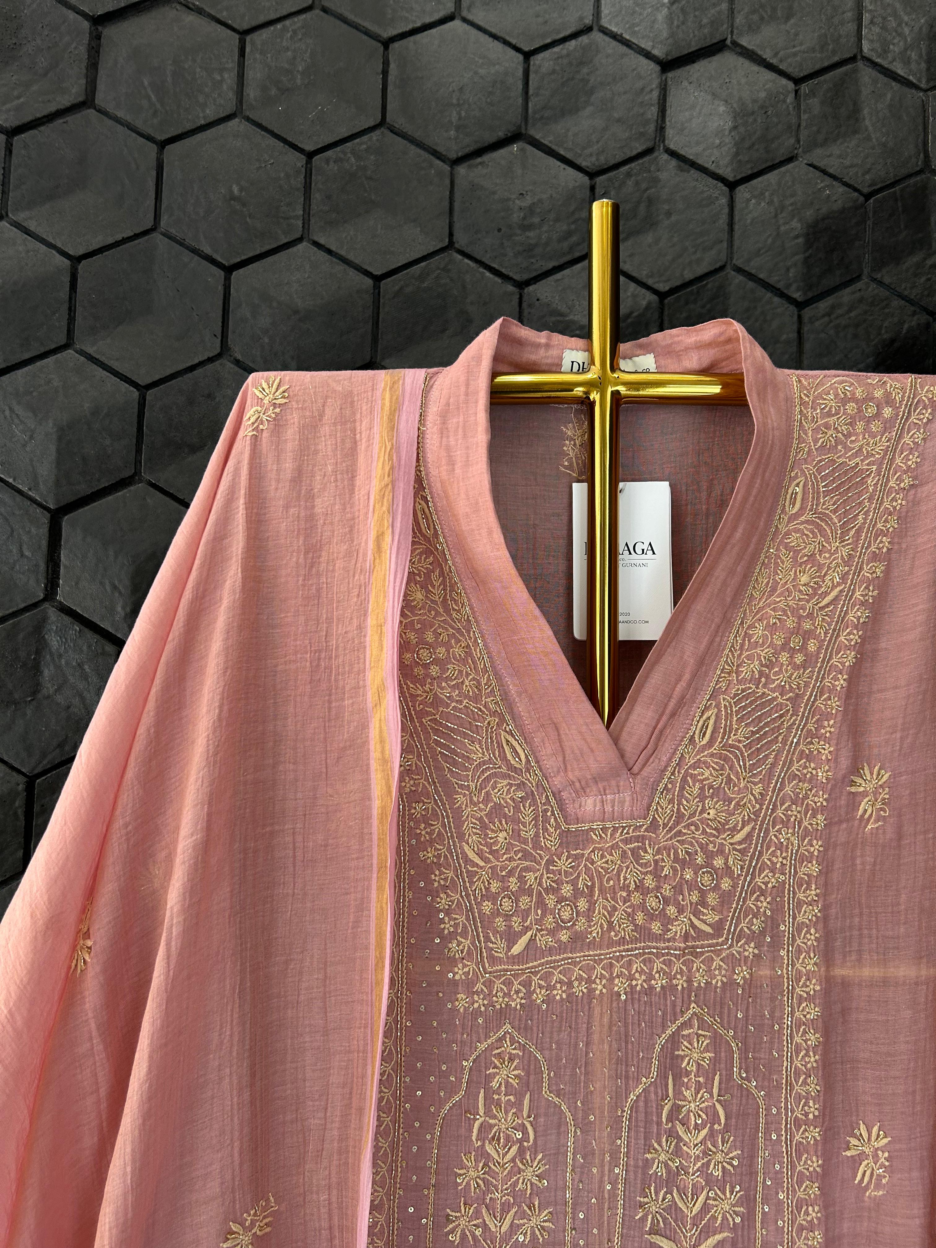 Pink Tissue Chikankari Kurta Set