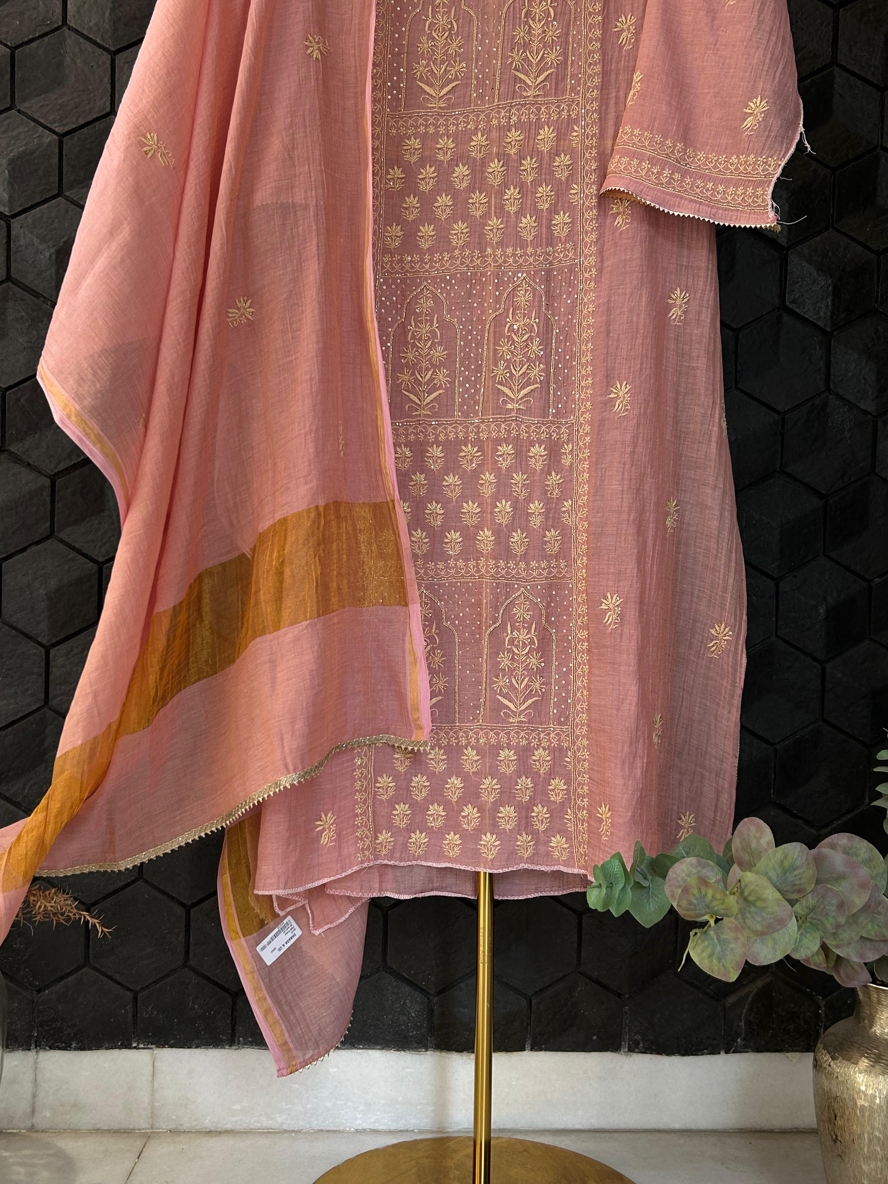 Pink Tissue Chikankari Kurta Set