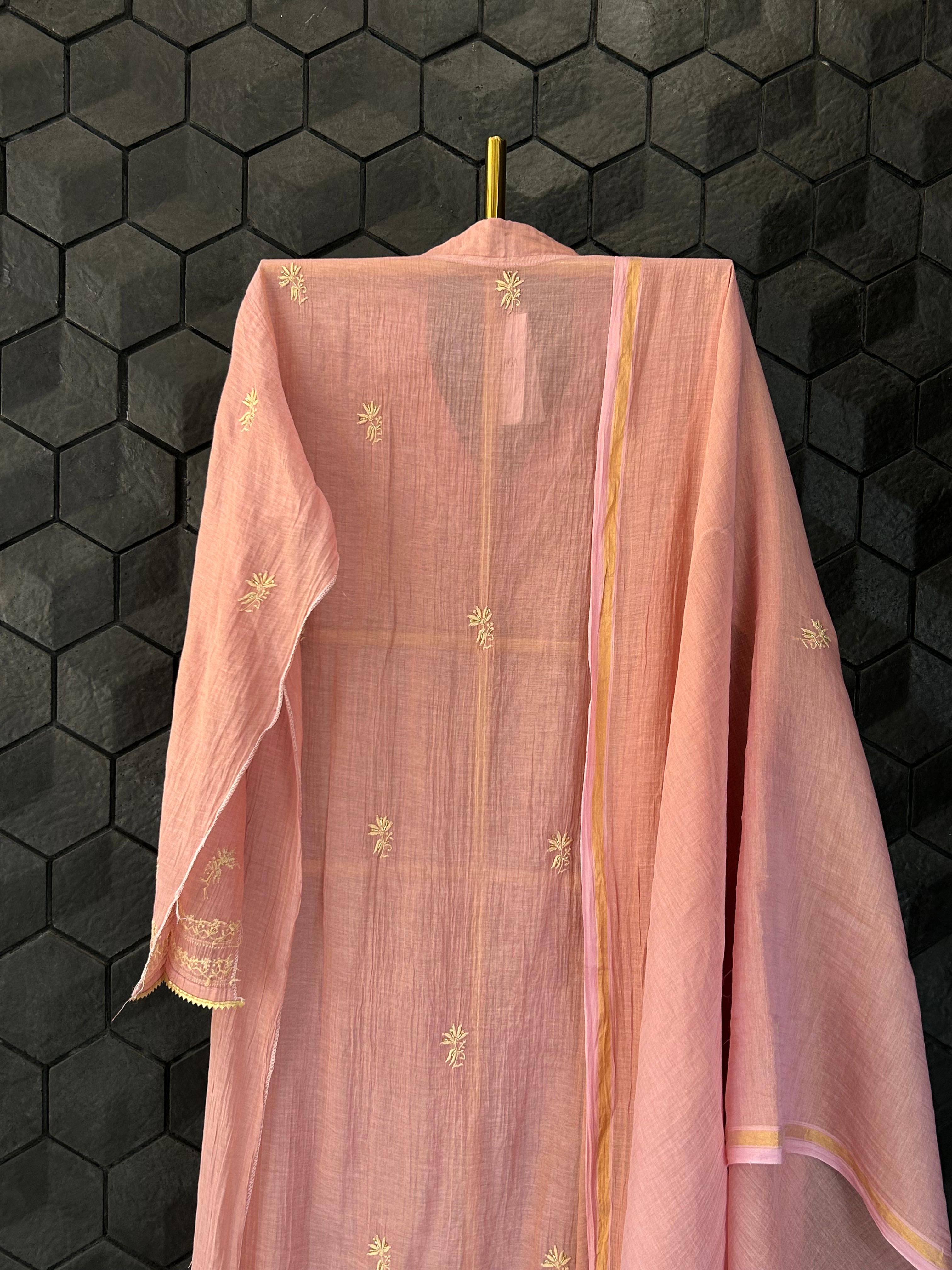 Pink Tissue Chikankari Kurta Set