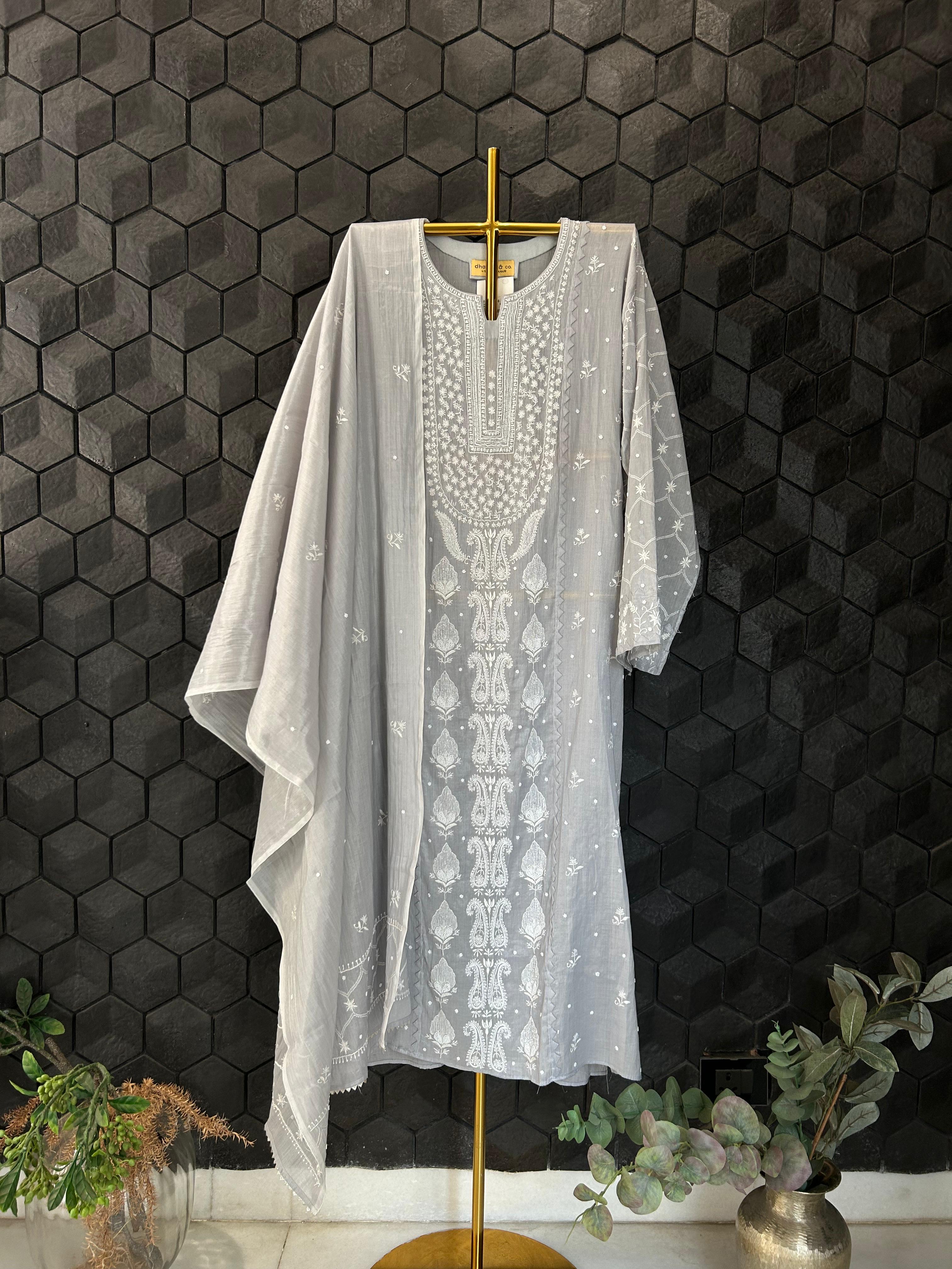 Silver Tissue Chikankari Kurta Set