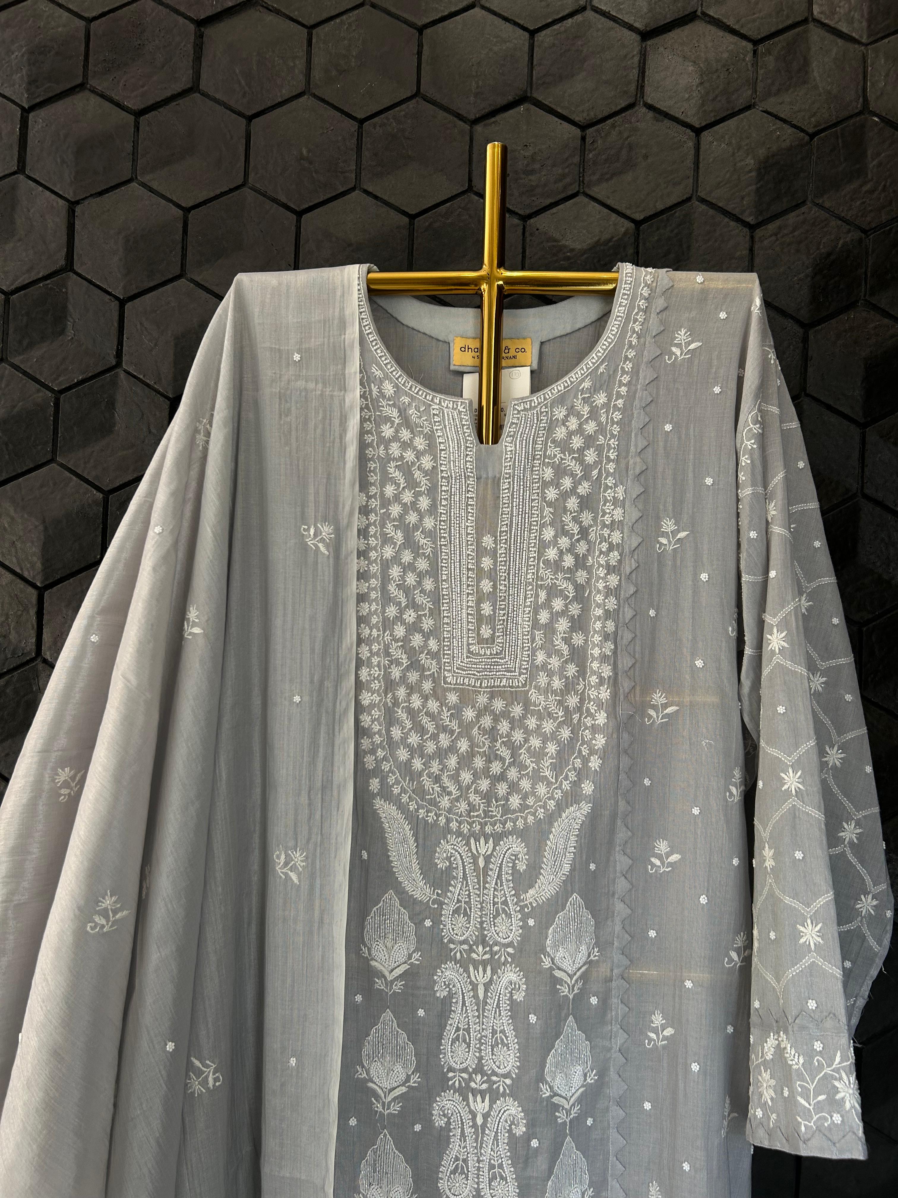 Silver Tissue Chikankari Kurta Set