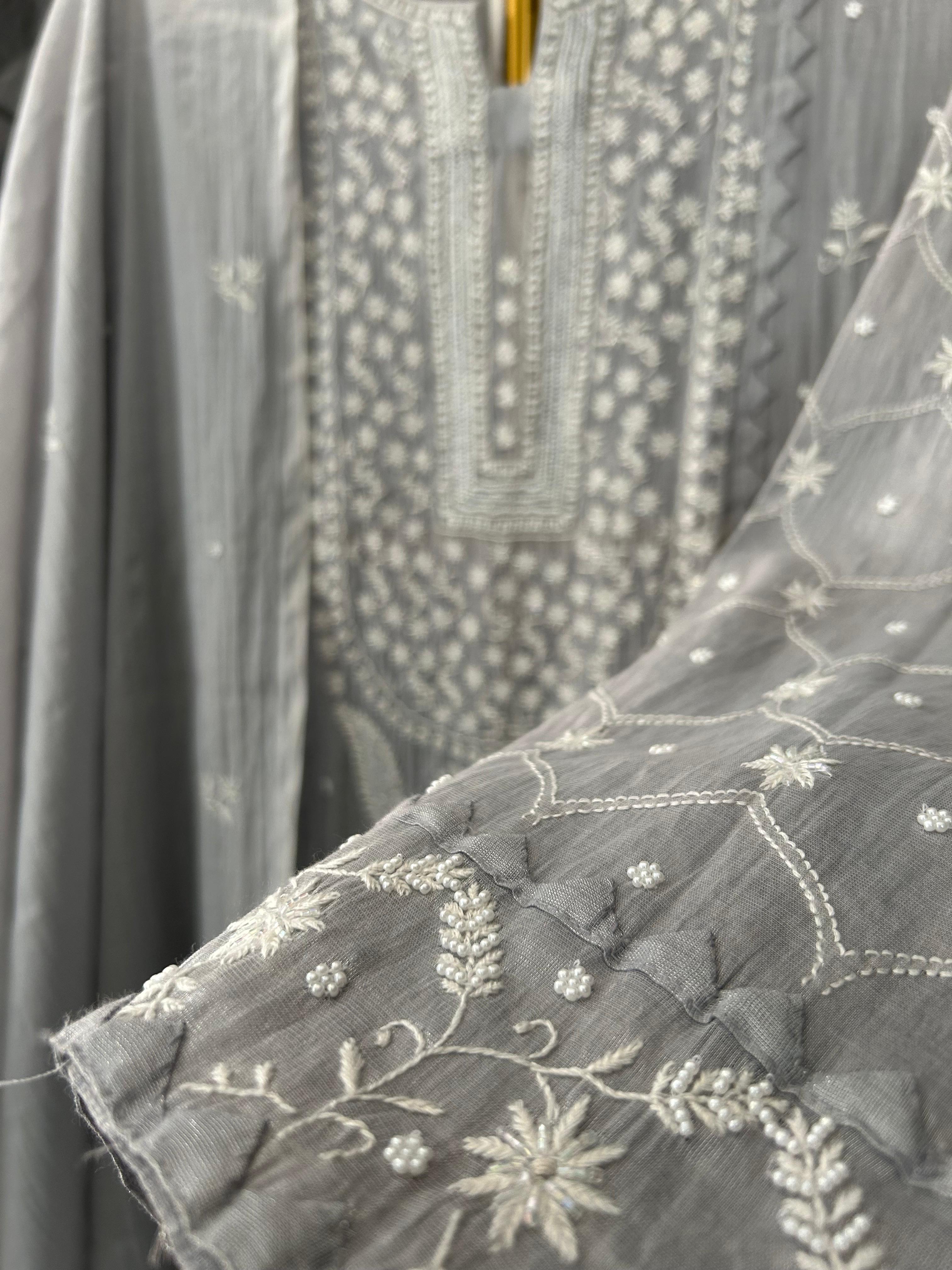 Silver Tissue Chikankari Kurta Set