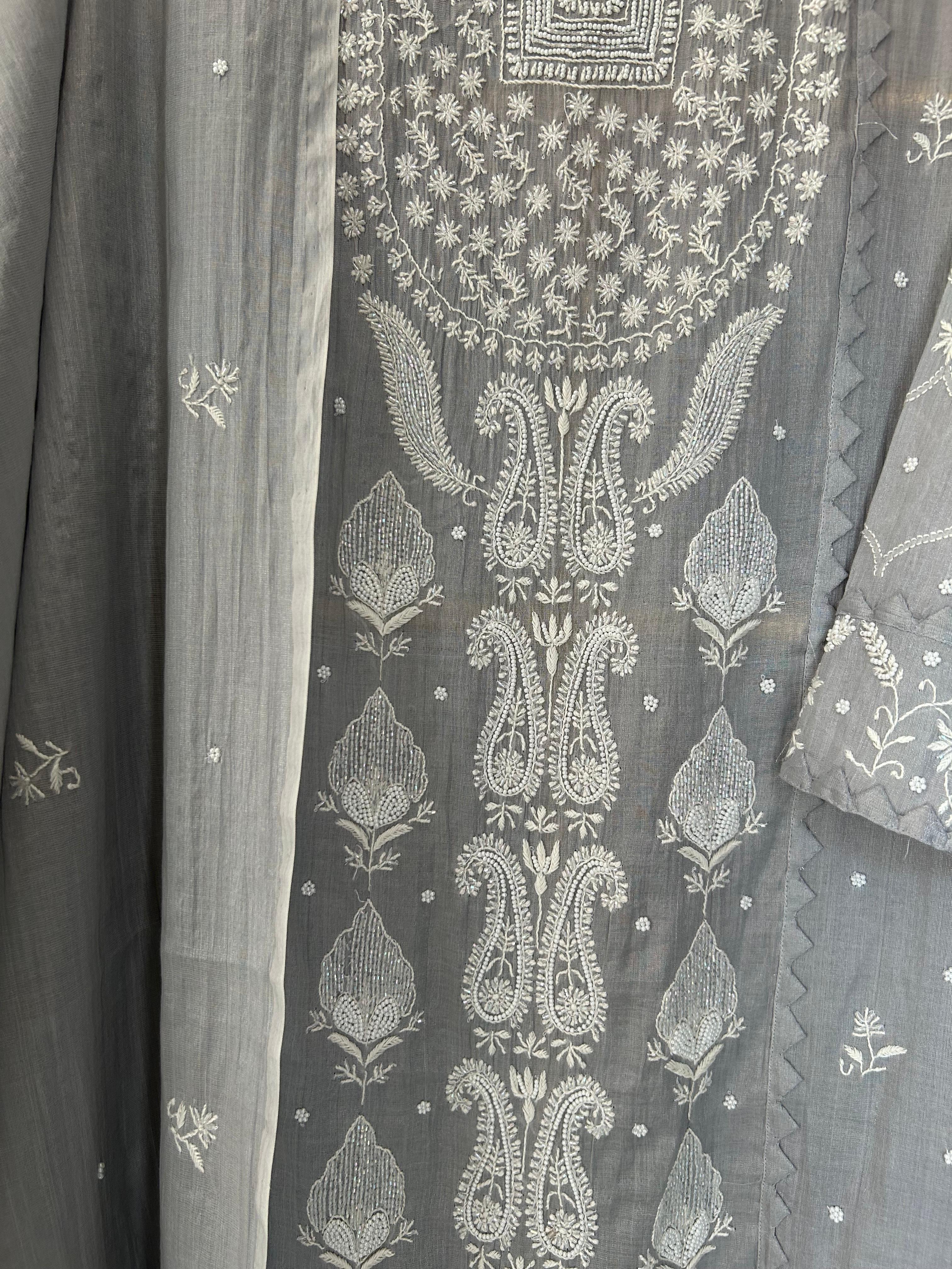 Silver Tissue Chikankari Kurta Set