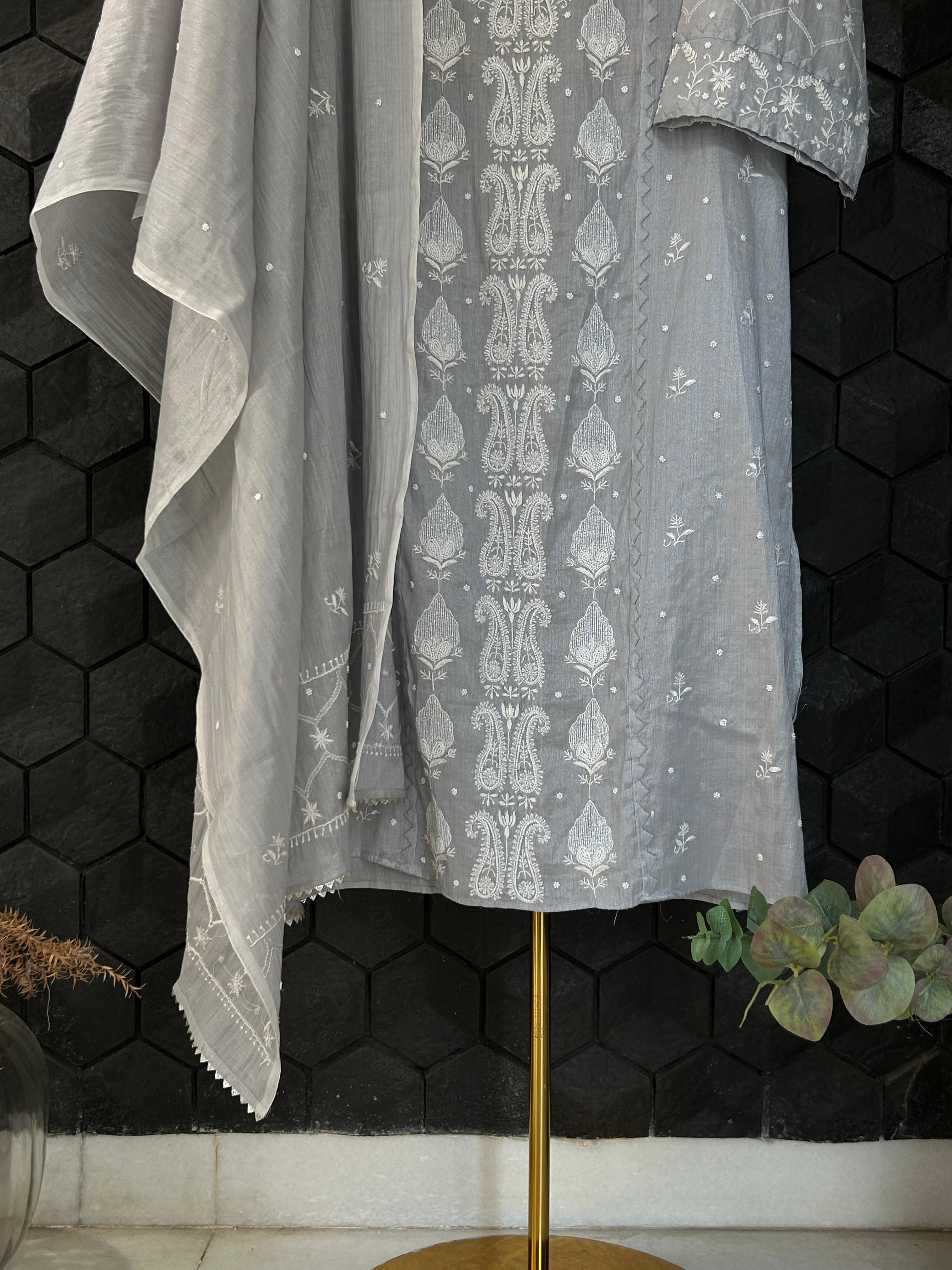 Silver Tissue Chikankari Kurta Set