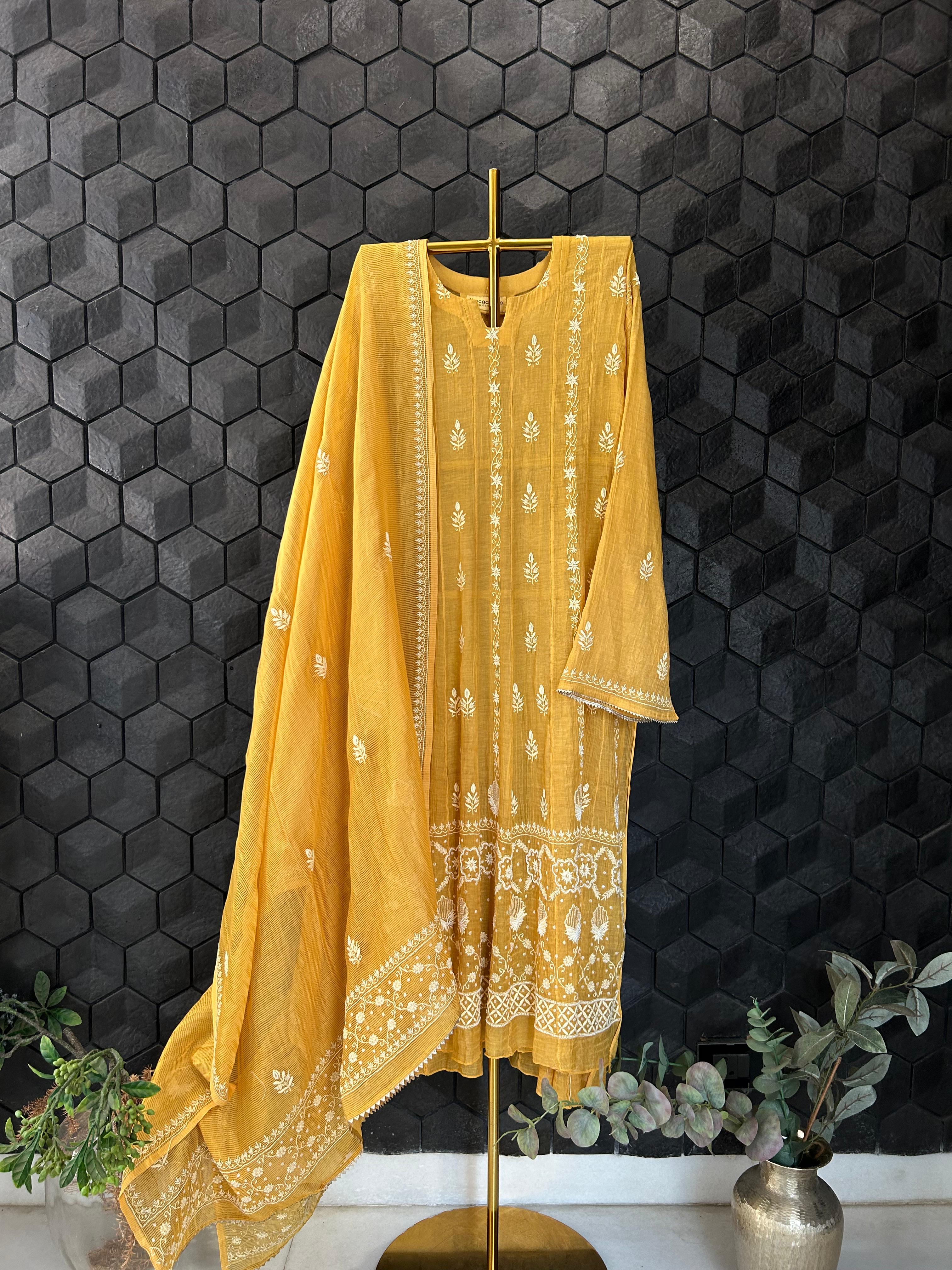 Mustard Tissue Chikankari Anarkali Set