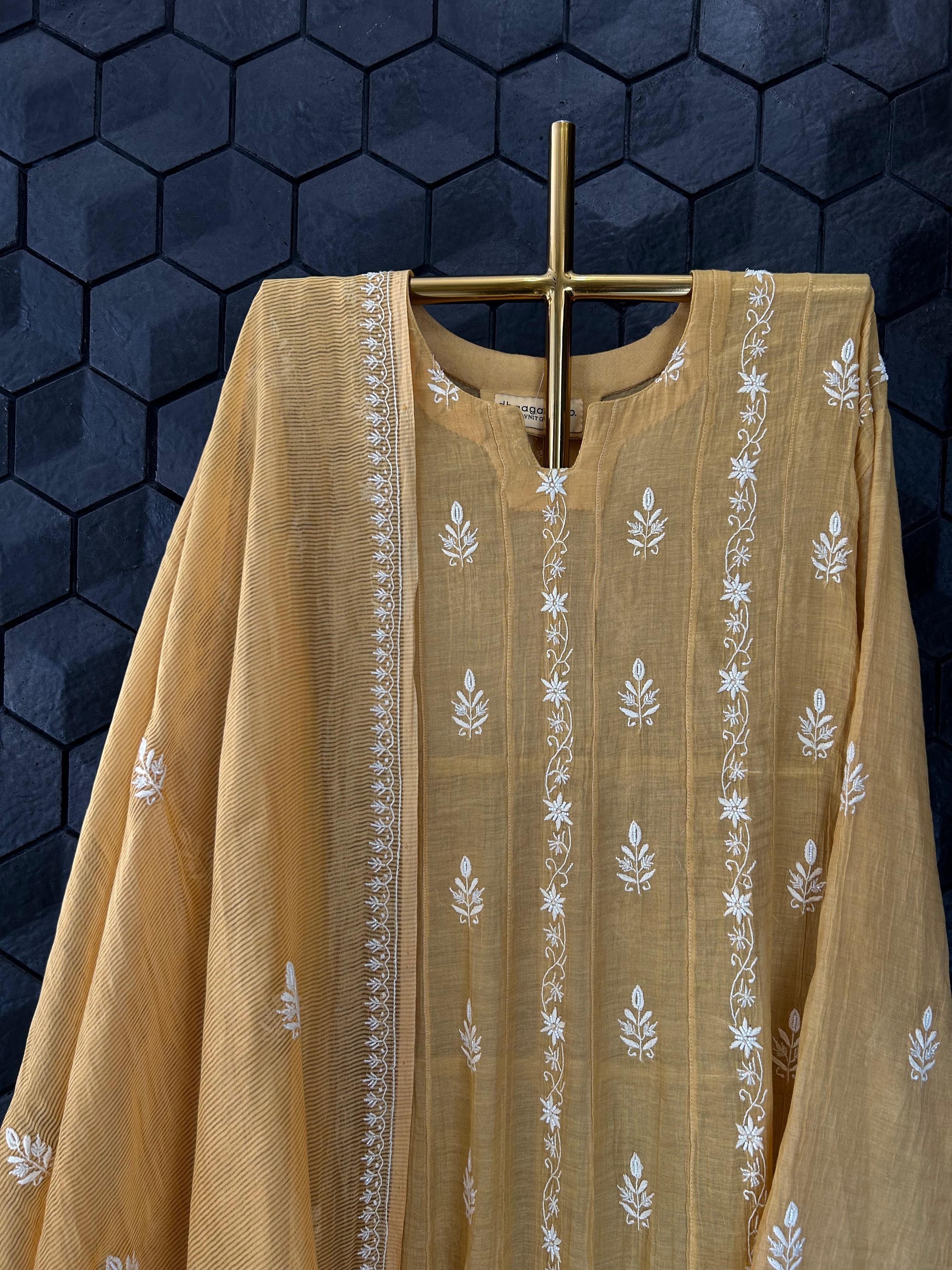 Mustard Tissue Chikankari Anarkali Set