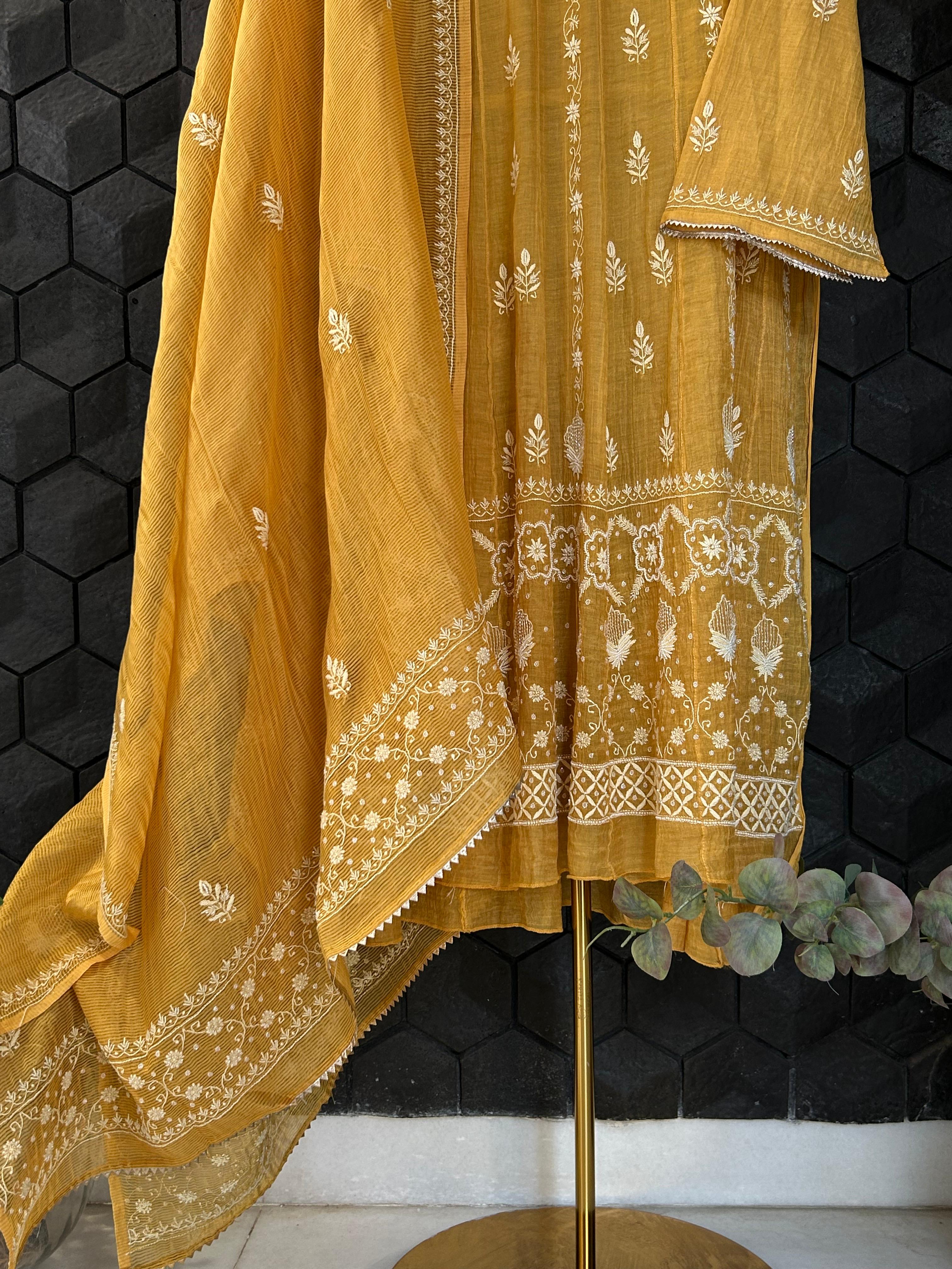 Mustard Tissue Chikankari Anarkali Set