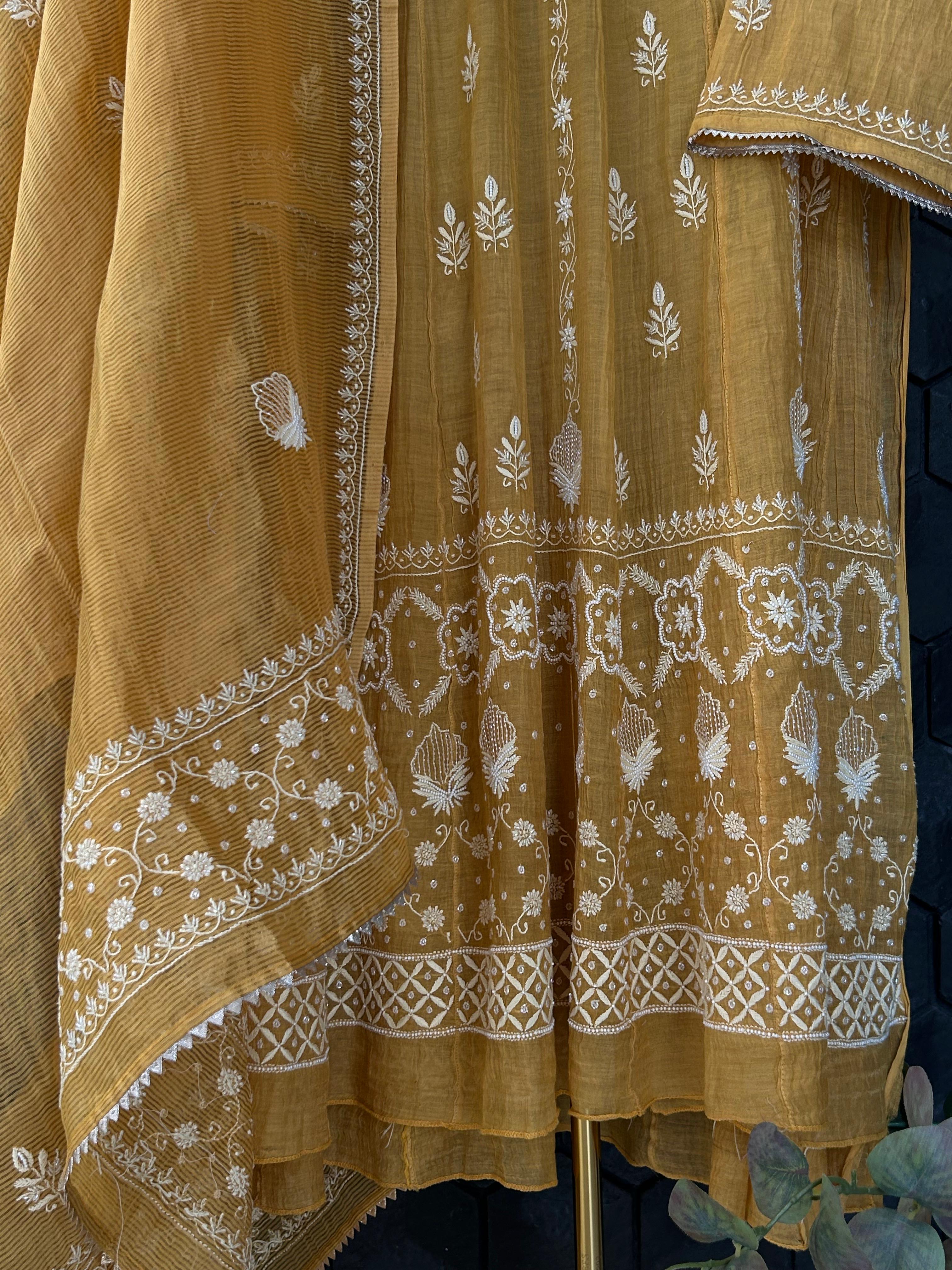 Mustard Tissue Chikankari Anarkali Set