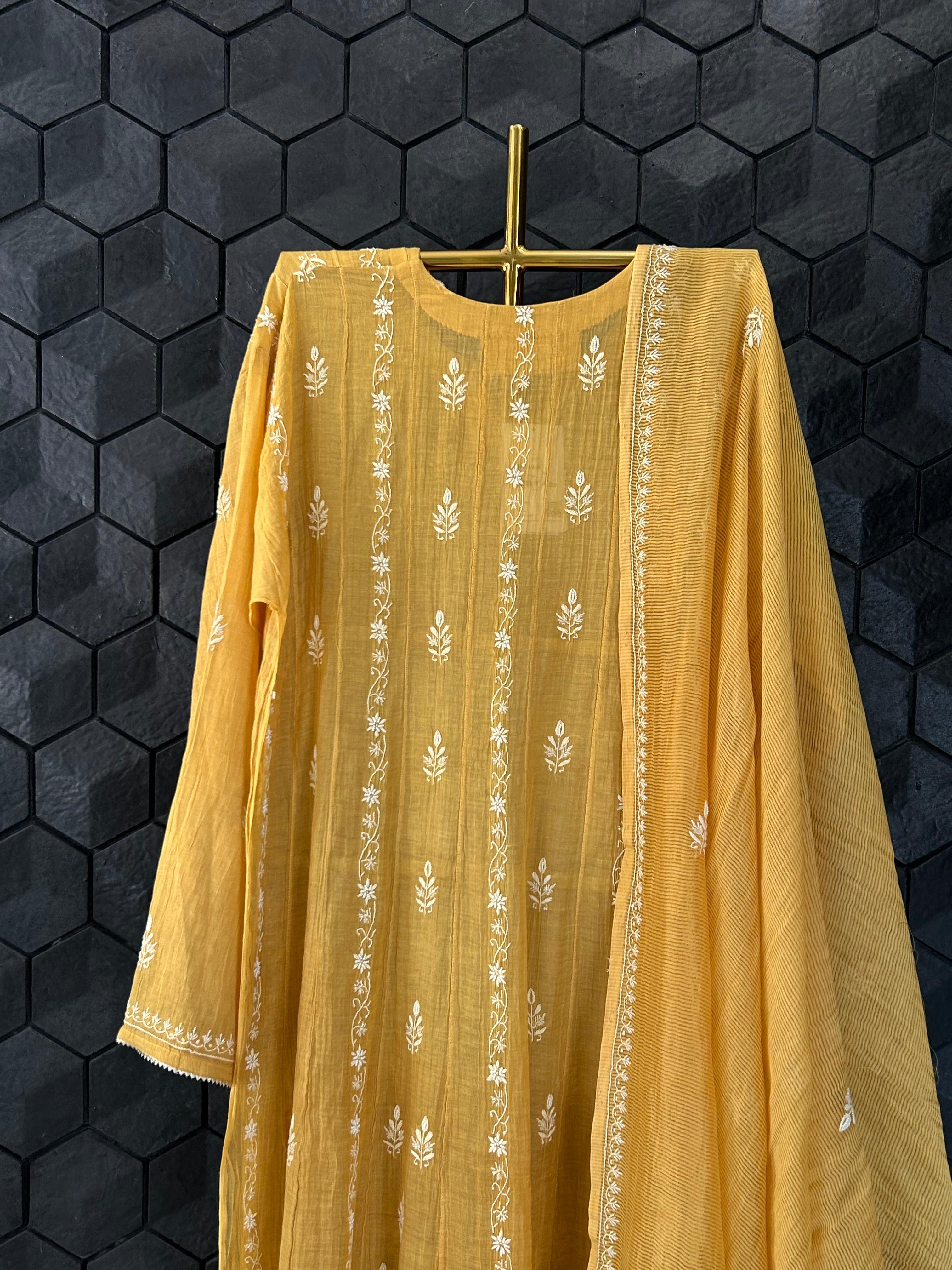 Mustard Tissue Chikankari Anarkali Set