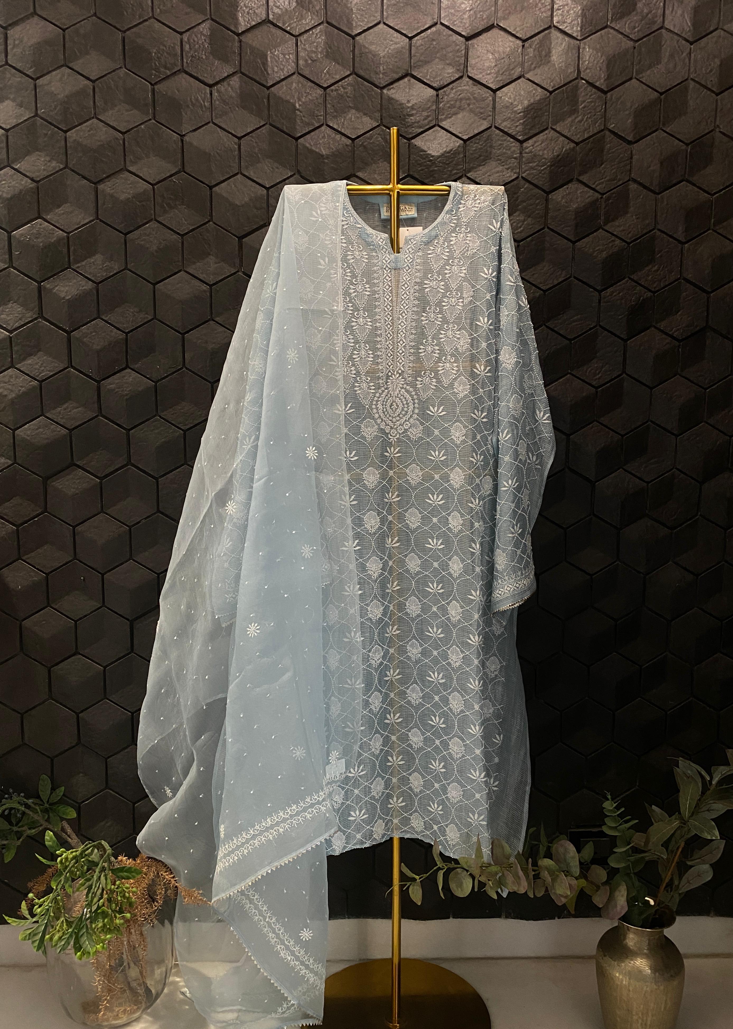 Sky Blue Tissue Kota Chikankari Kurta Set