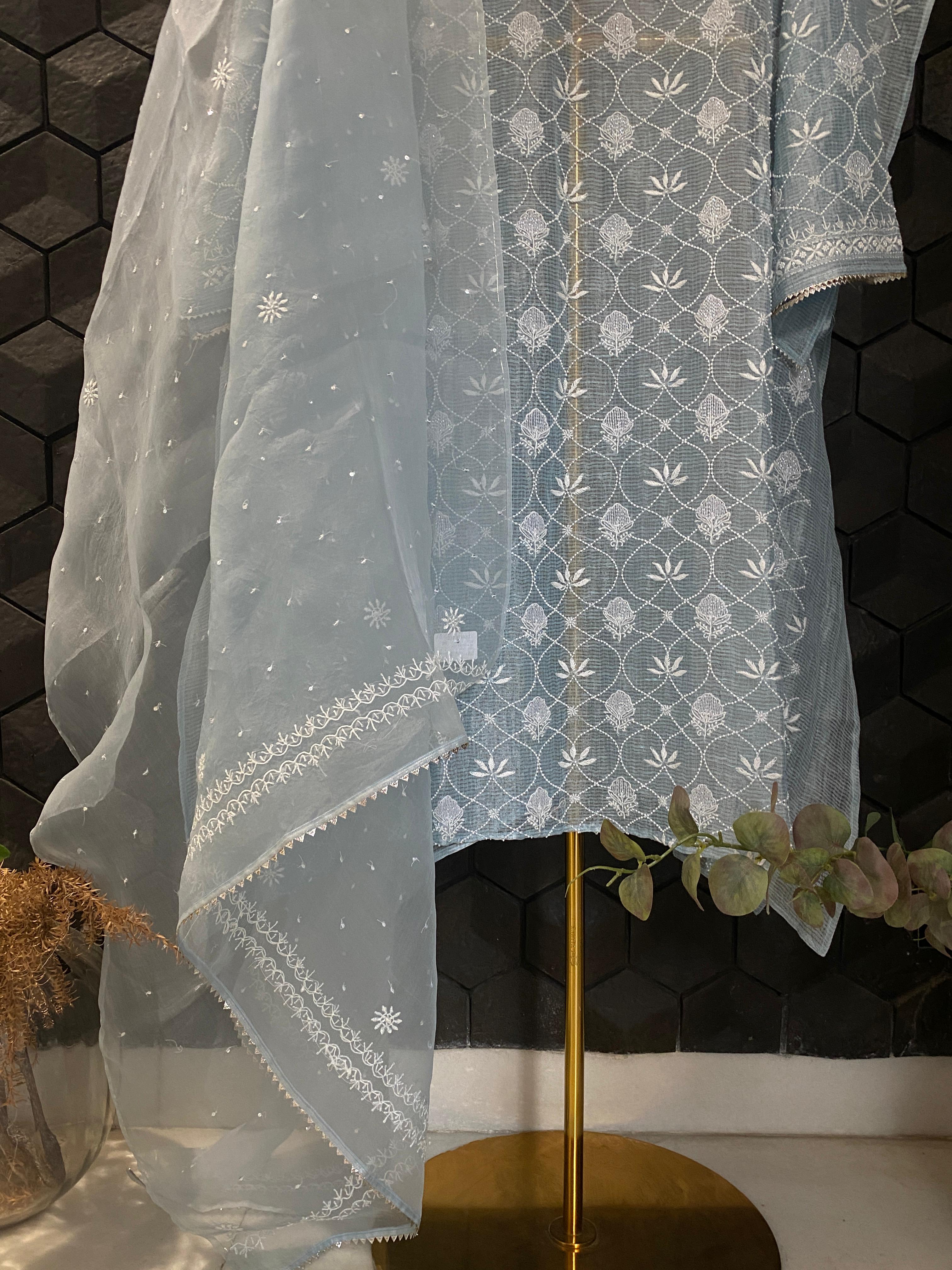 Sky Blue Tissue Kota Chikankari Kurta Set