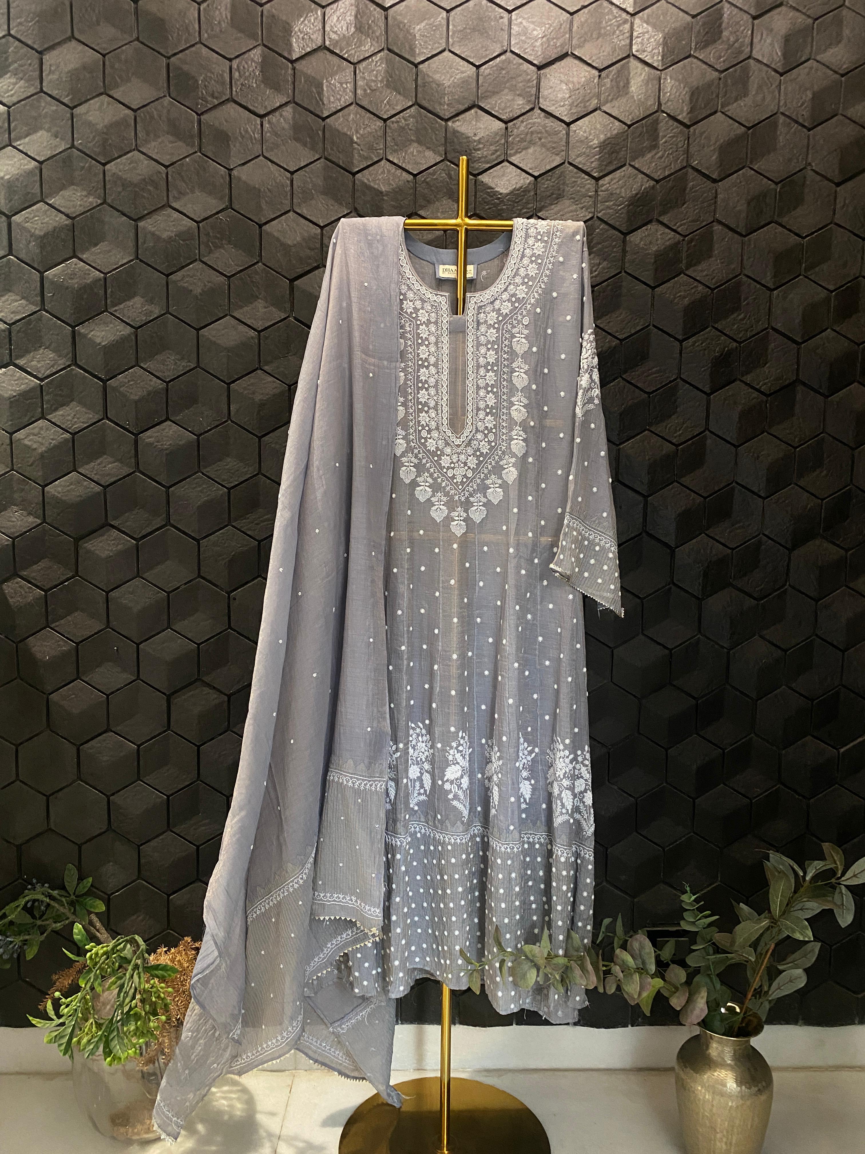 Grey Tissue Chikankri Anarkali Set