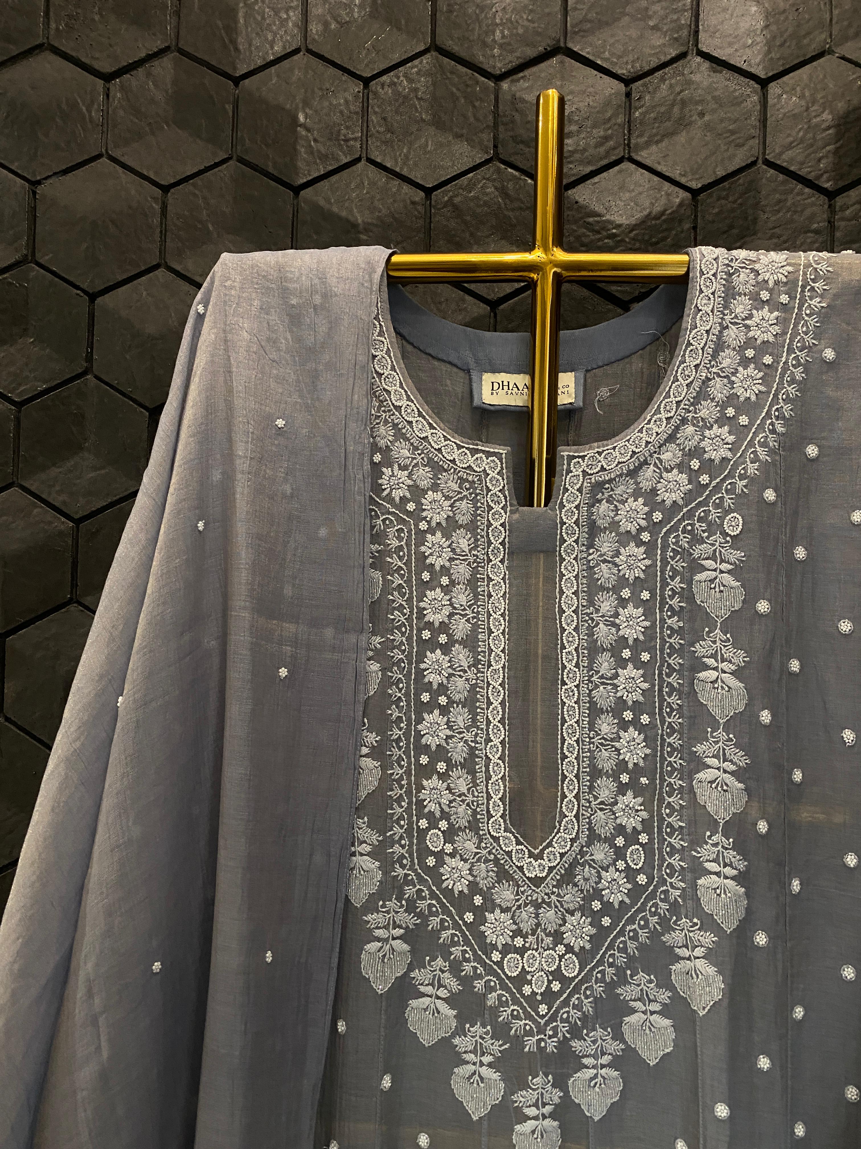 Grey Tissue Chikankri Anarkali Set