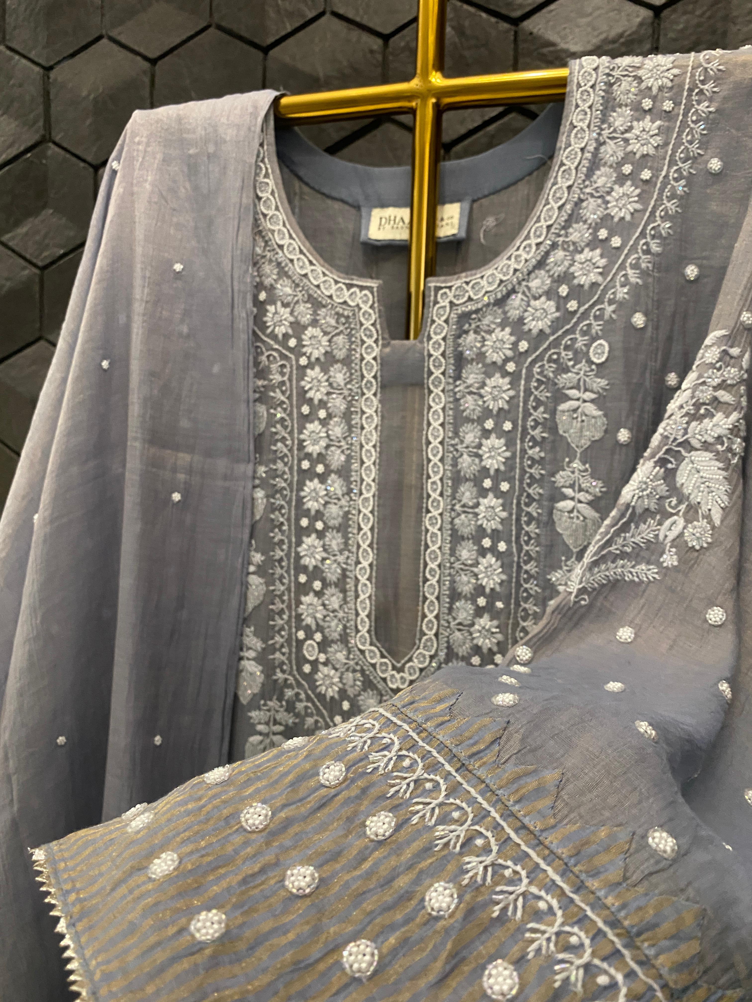 Grey Tissue Chikankri Anarkali Set