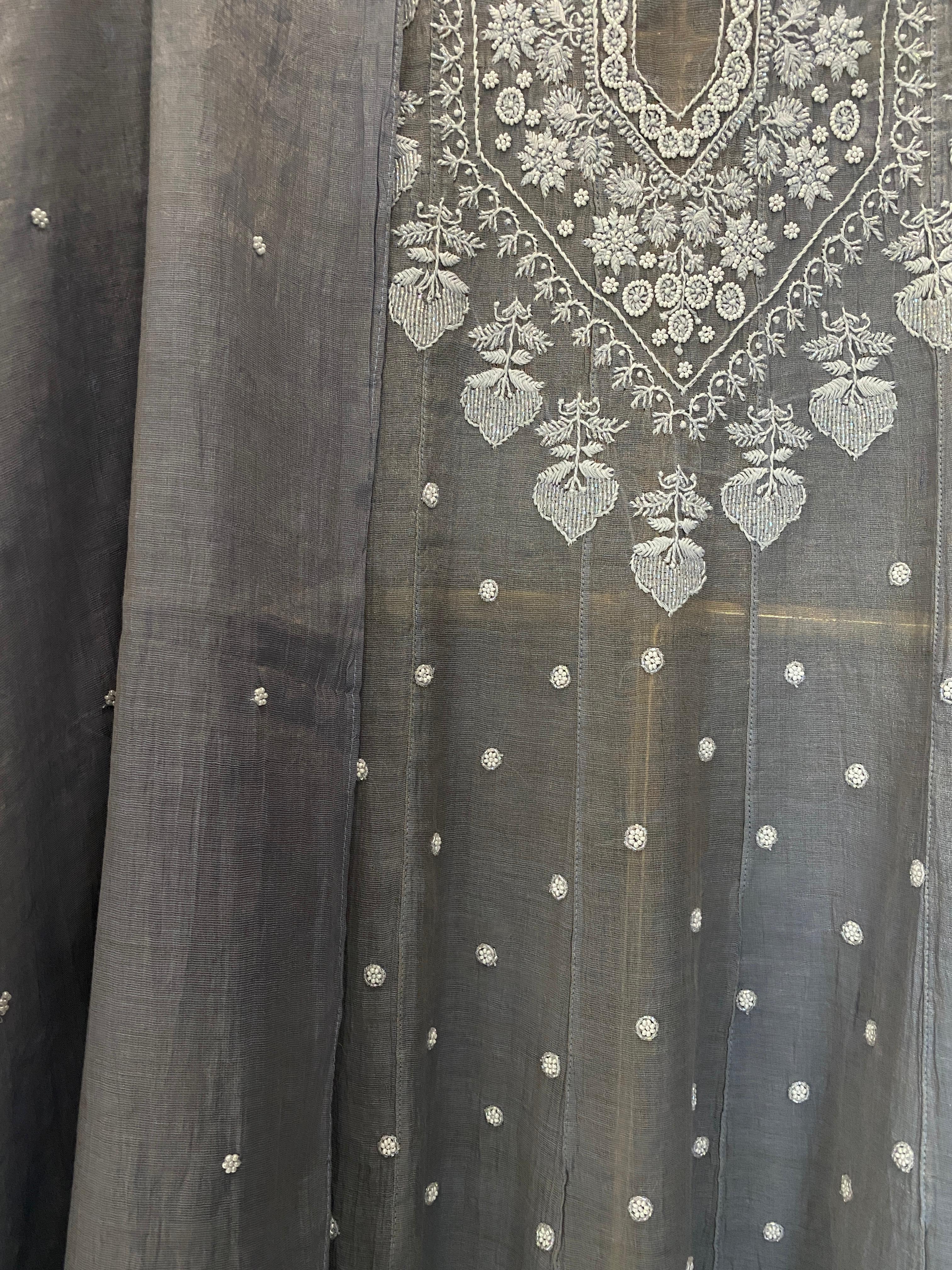 Grey Tissue Chikankri Anarkali Set