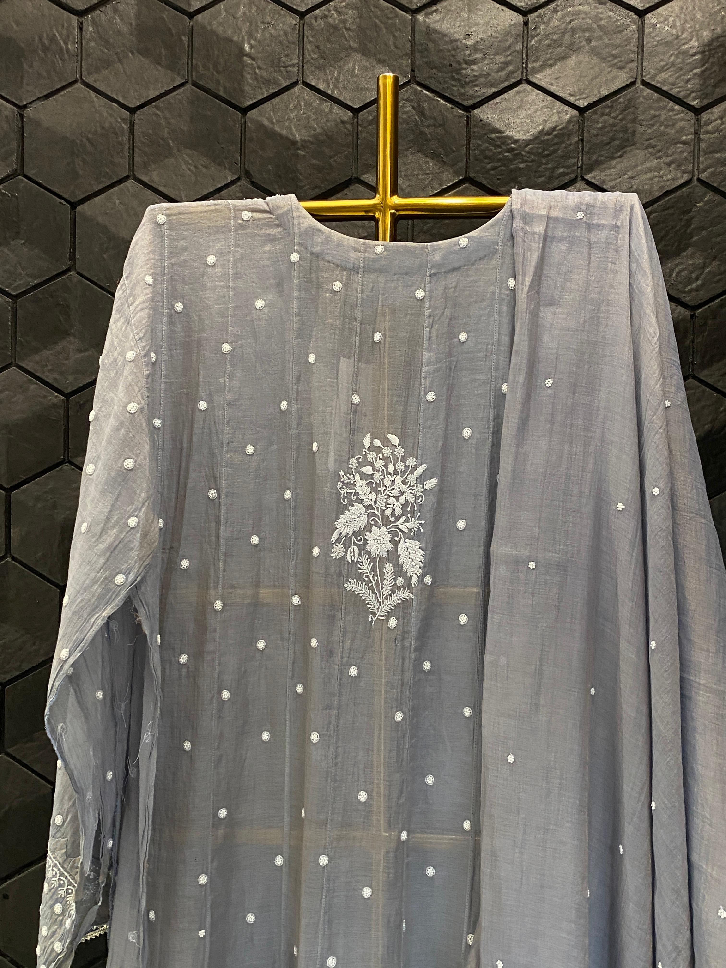 Grey Tissue Chikankri Anarkali Set