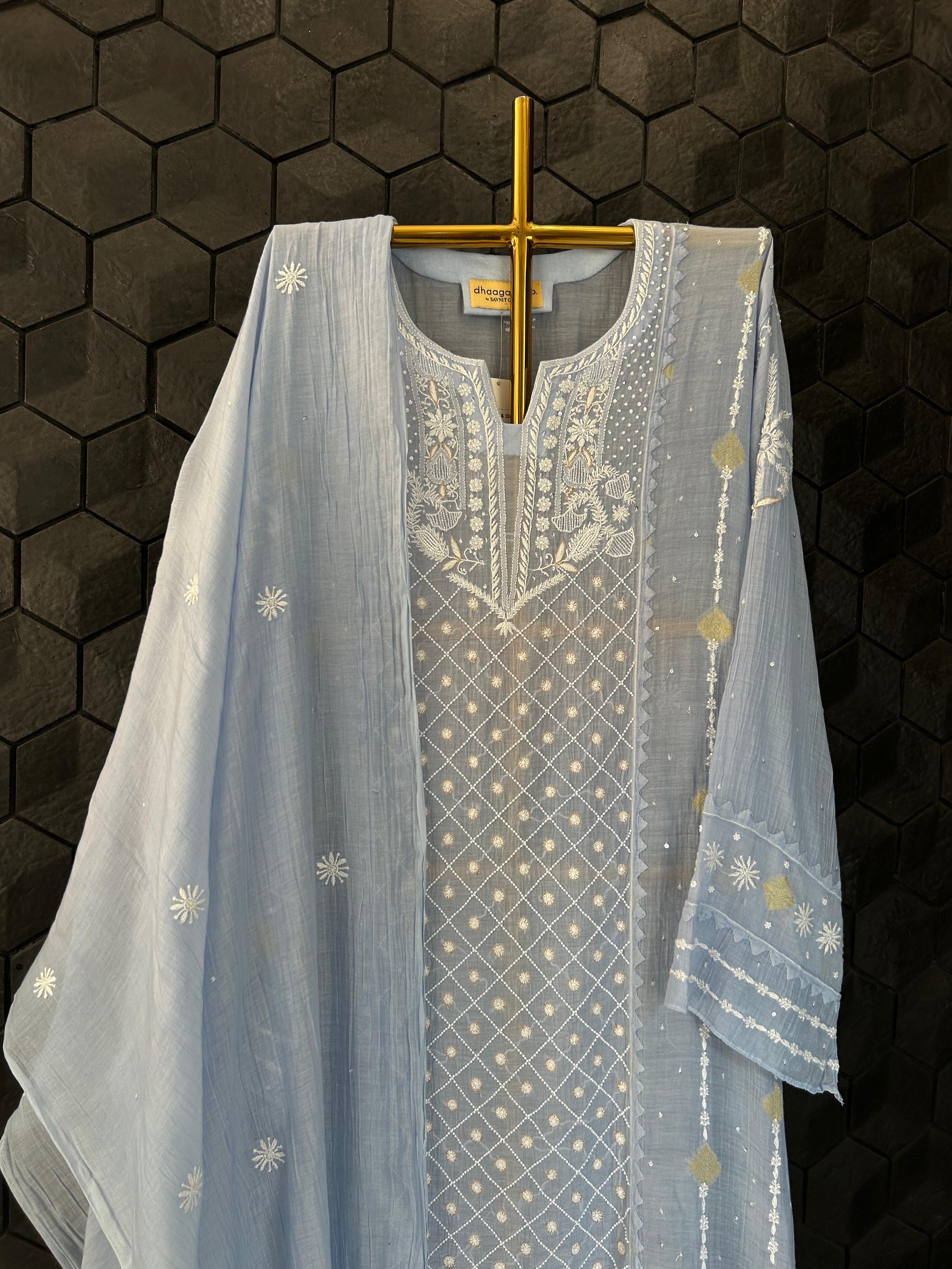 Ash Blue Mul Chanderi Chikankari Kurta Set