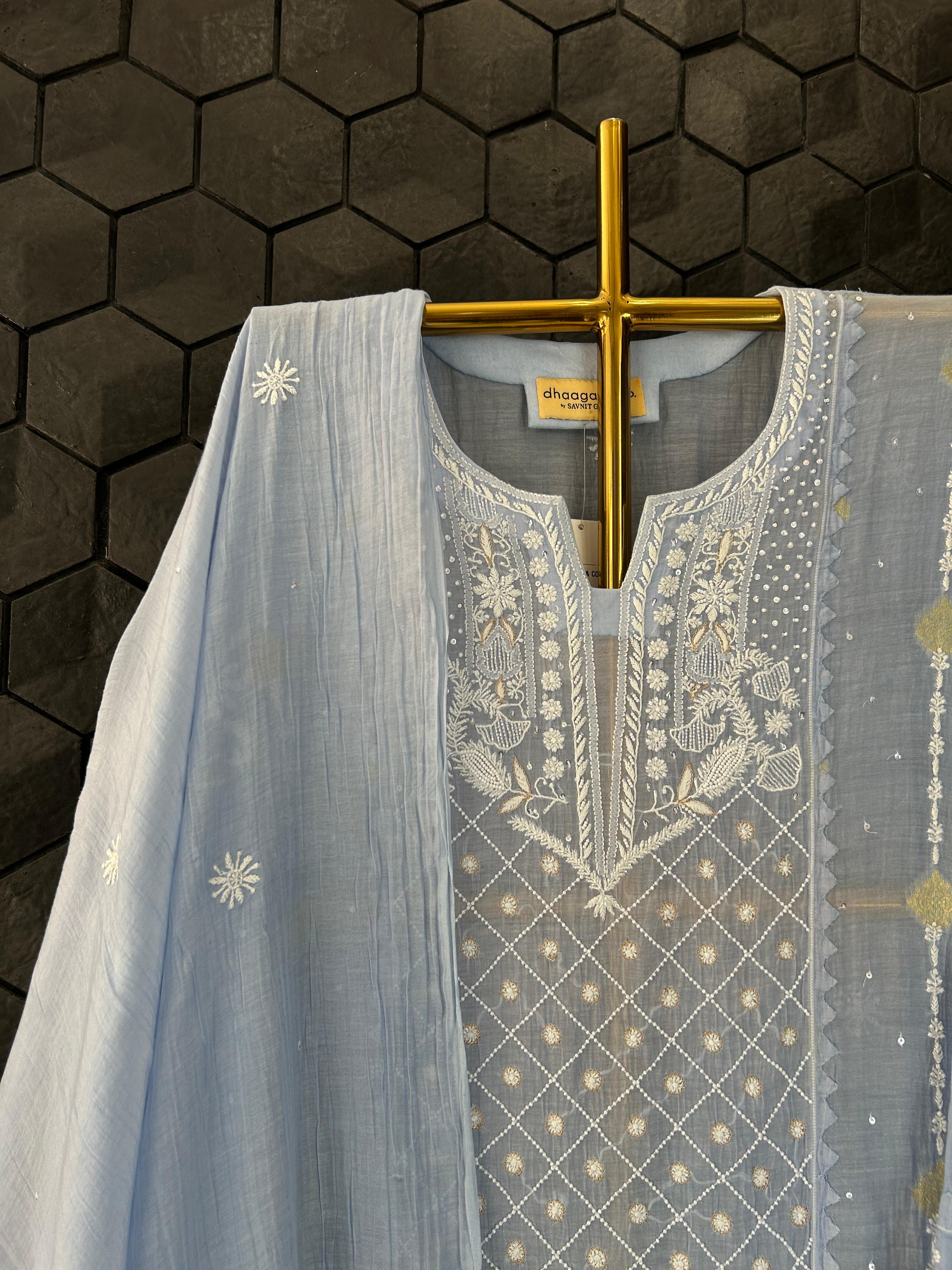 Ash Blue Mul Chanderi Chikankari Kurta Set