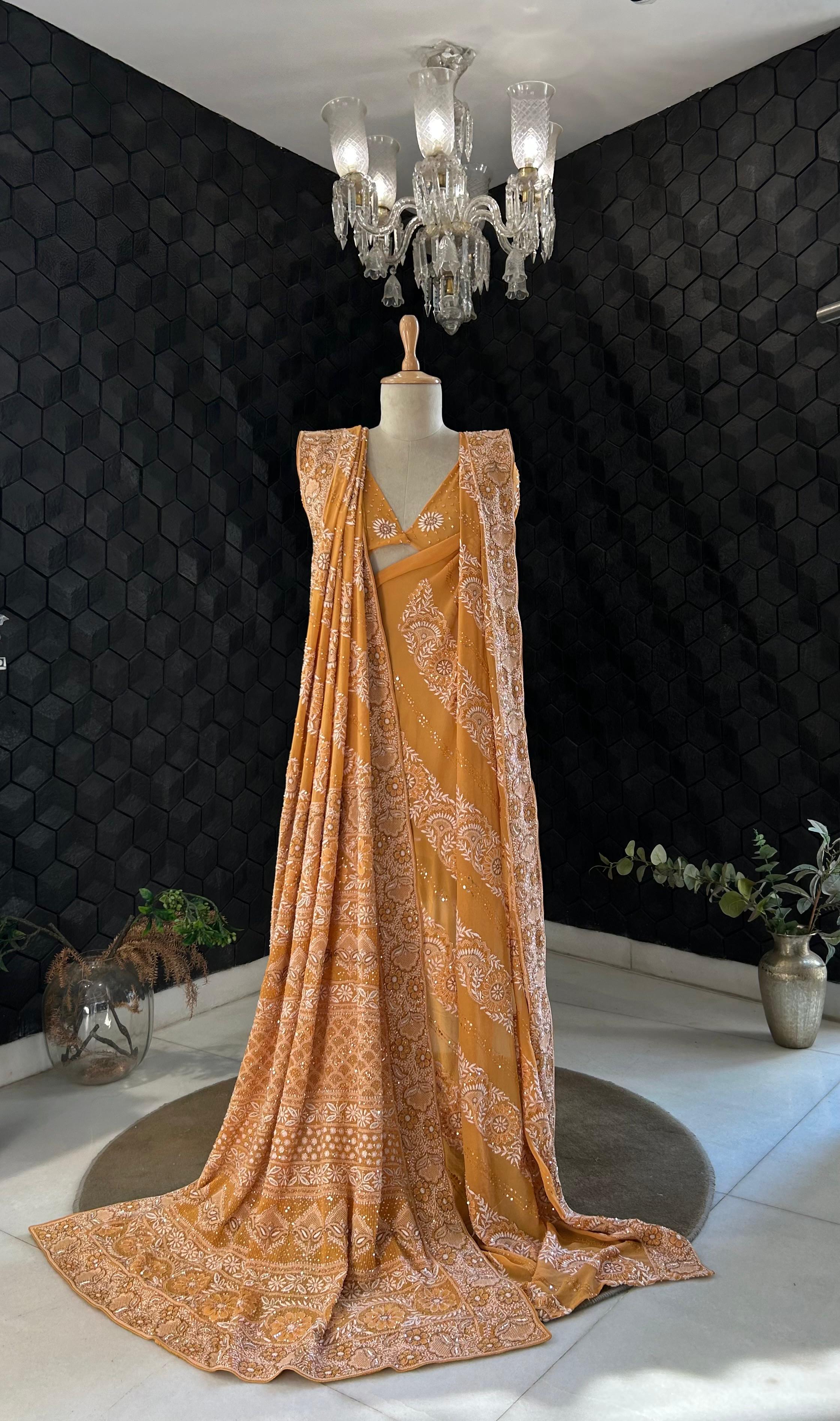 Orange Georgette Chikankari Saree