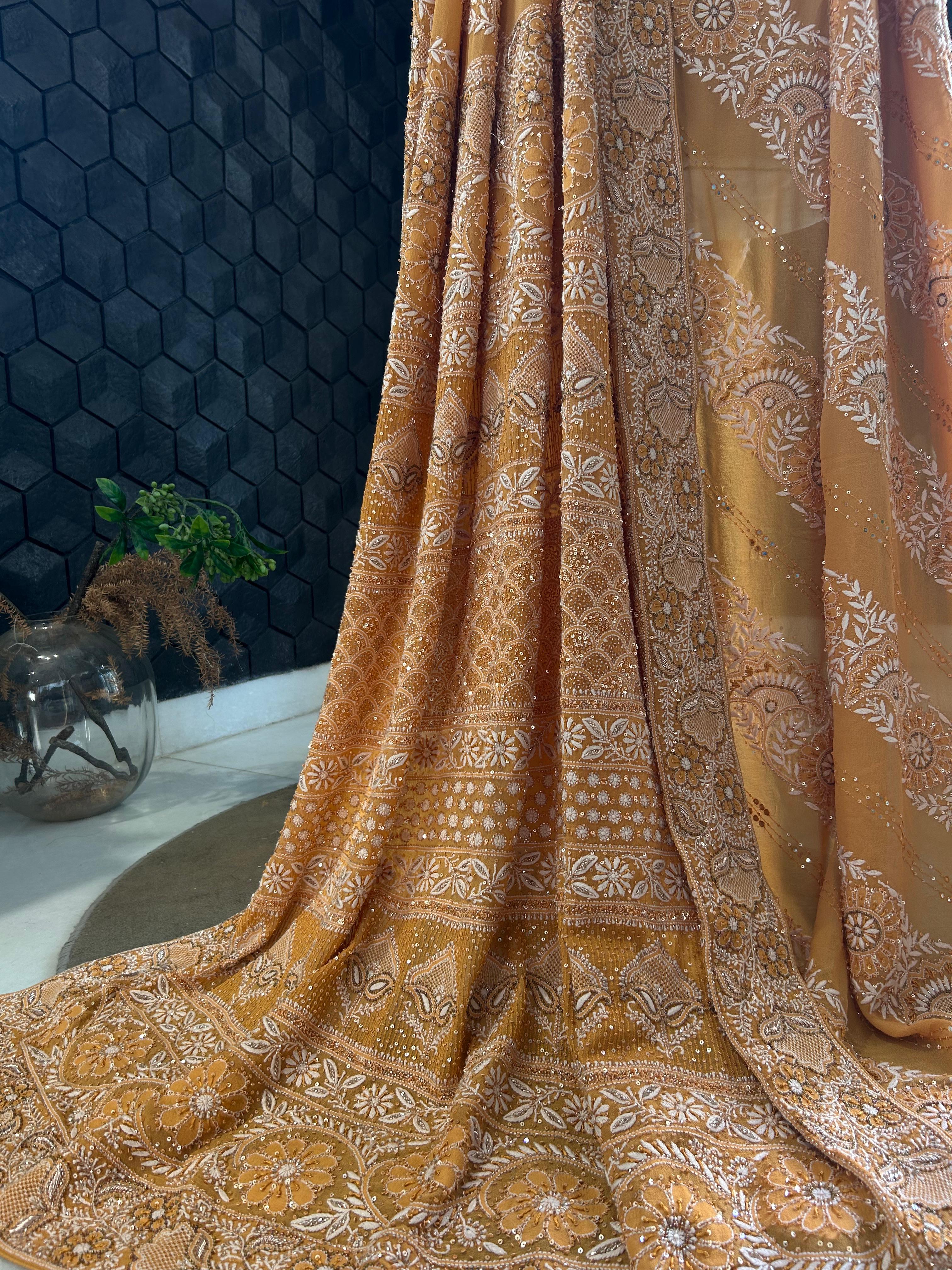 Orange Georgette Chikankari Saree